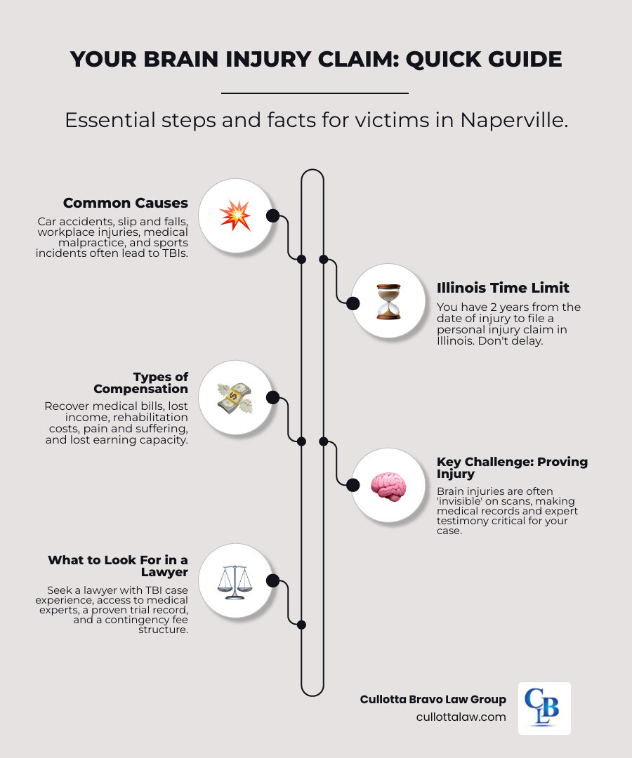 infographic showing brain injury claim timeline including immediate medical care, evidence preservation, 2-year statute of limitations, case investigation, expert testimony, and potential compensation types - brain injury lawyer Naperville infographic infographic-line-5-steps-elegant_beige