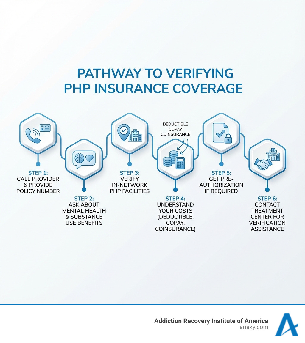 Infographic showing the pathway to verifying PHP insurance coverage: Step 1 - Call your insurance provider with policy number; Step 2 - Ask about mental health and substance use benefits; Step 3 - Verify in-network PHP facilities; Step 4 - Understand your deductible, copay, and coinsurance; Step 5 - Get pre-authorization if required; Step 6 - Contact treatment center for verification assistance - does your insurance cover a partial hospitalization program infographic 