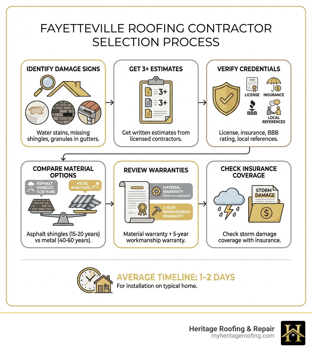 Infographic showing the roofing contractor selection process in Fayetteville: Step 1 - Identify roof damage signs (water stains, missing shingles, granules in gutters), Step 2 - Get 3+ written estimates from licensed contractors, Step 3 - Verify credentials (license, insurance, BBB rating, local references), Step 4 - Compare material options (asphalt shingles 15-20 years vs metal 40-60 years), Step 5 - Review warranties (material warranty from manufacturer plus 5-year workmanship warranty), Step 6 - Check storm damage coverage with insurance, Average timeline: 1-2 days for installation on typical home - roofing contractor fayetteville infographic Infographic showing the roofing contractor selection process in Fayetteville: Step 1 - Identify roof damage signs (water stains, missing shingles, granules in gutters), Step 2 - Get 3+ written estimates from licensed contractors, Step 3 - Verify credentials (license, insurance, BBB rating, local references), Step 4 - Compare material options (asphalt shingles 15-20 years vs metal 40-60 years), Step 5 - Review warranties (material warranty from manufacturer plus 5-year workmanship warranty), Step 6 - Check storm damage coverage with insurance, Average timeline: 1-2 days for installation on typical home - roofing contractor fayetteville infographic