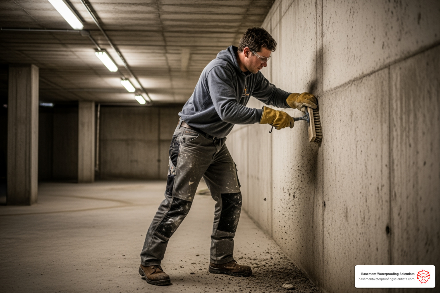 Person cleaning a basement wall with a wire brush - liquid rubber concrete foundation and basement sealant - indoor Person cleaning a basement wall with a wire brush - liquid rubber concrete foundation and basement sealant - indoor