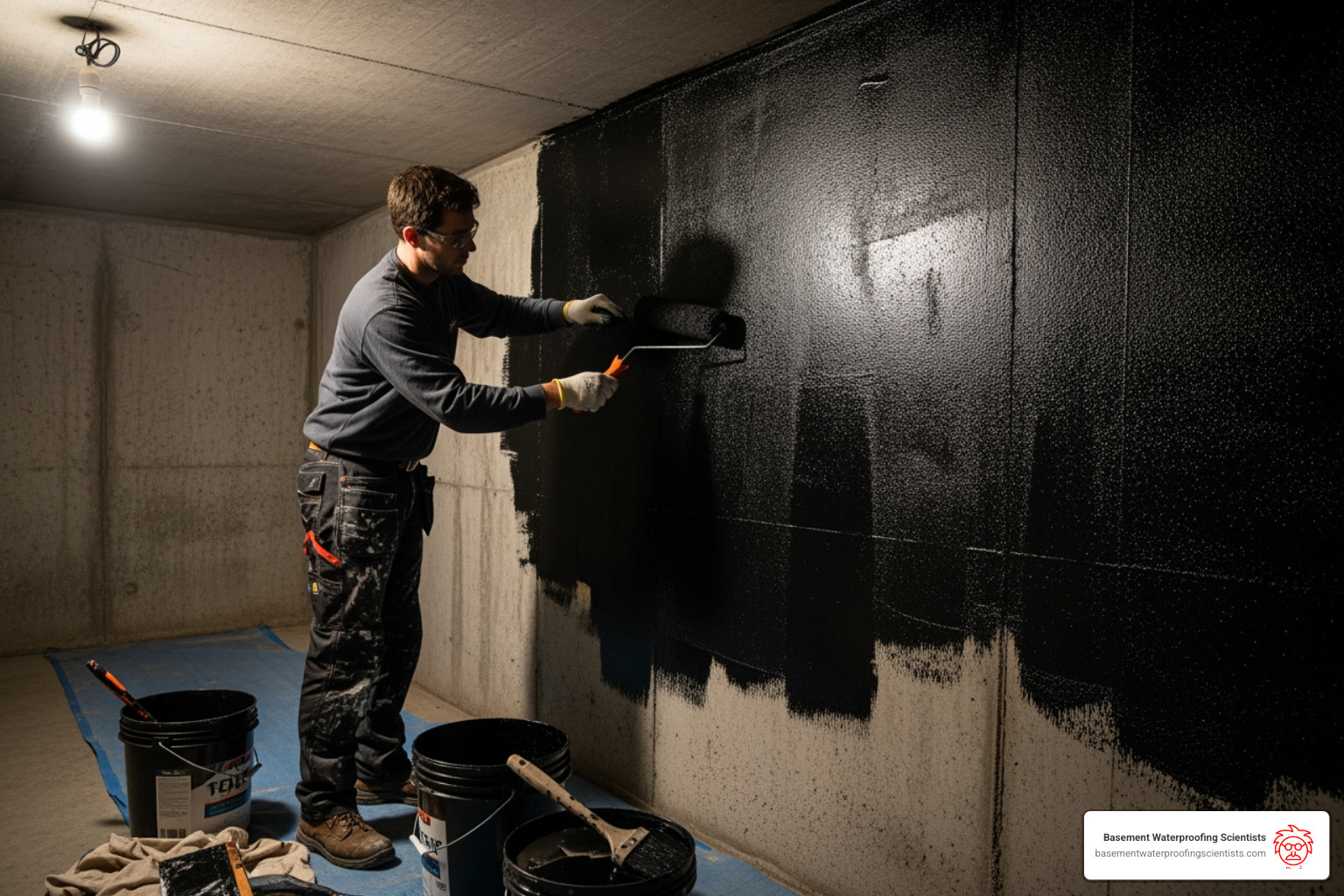Liquid rubber being applied to a concrete wall - liquid rubber concrete foundation and basement sealant - indoor Liquid rubber being applied to a concrete wall - liquid rubber concrete foundation and basement sealant - indoor