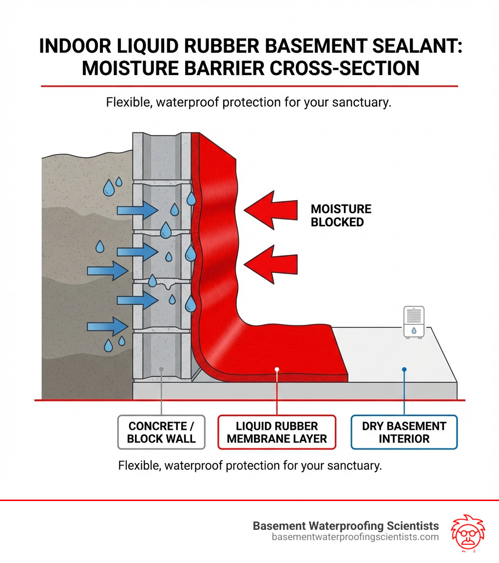 Infographic showing cross-section of basement wall with water attempting to penetrate concrete block, liquid rubber sealant creating a flexible waterproof membrane barrier on the interior surface, arrows indicating moisture being blocked, and labels for concrete/block wall, liquid rubber membrane layer, and dry basement interior - liquid rubber concrete foundation and basement sealant - indoor infographic Infographic showing cross-section of basement wall with water attempting to penetrate concrete block, liquid rubber sealant creating a flexible waterproof membrane barrier on the interior surface, arrows indicating moisture being blocked, and labels for concrete/block wall, liquid rubber membrane layer, and dry basement interior - liquid rubber concrete foundation and basement sealant - indoor infographic