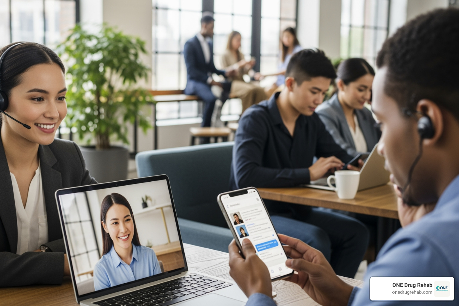 illustrating different forms of online communication like video chat, text, and phone calls - addiction help online