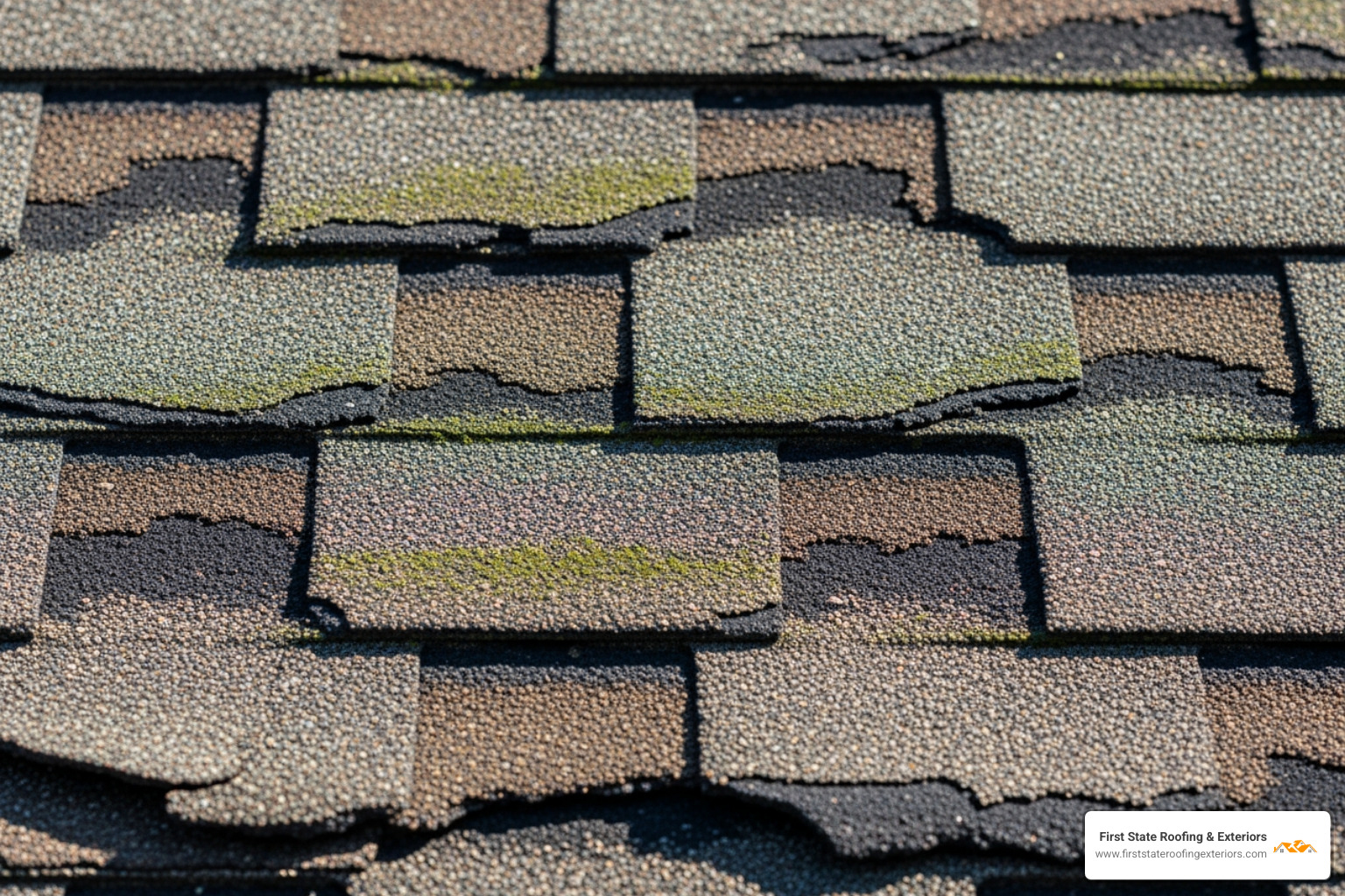 Close-up of worn asphalt shingles showing granule loss - roof inspection dover de Close-up of worn asphalt shingles showing granule loss - roof inspection dover de