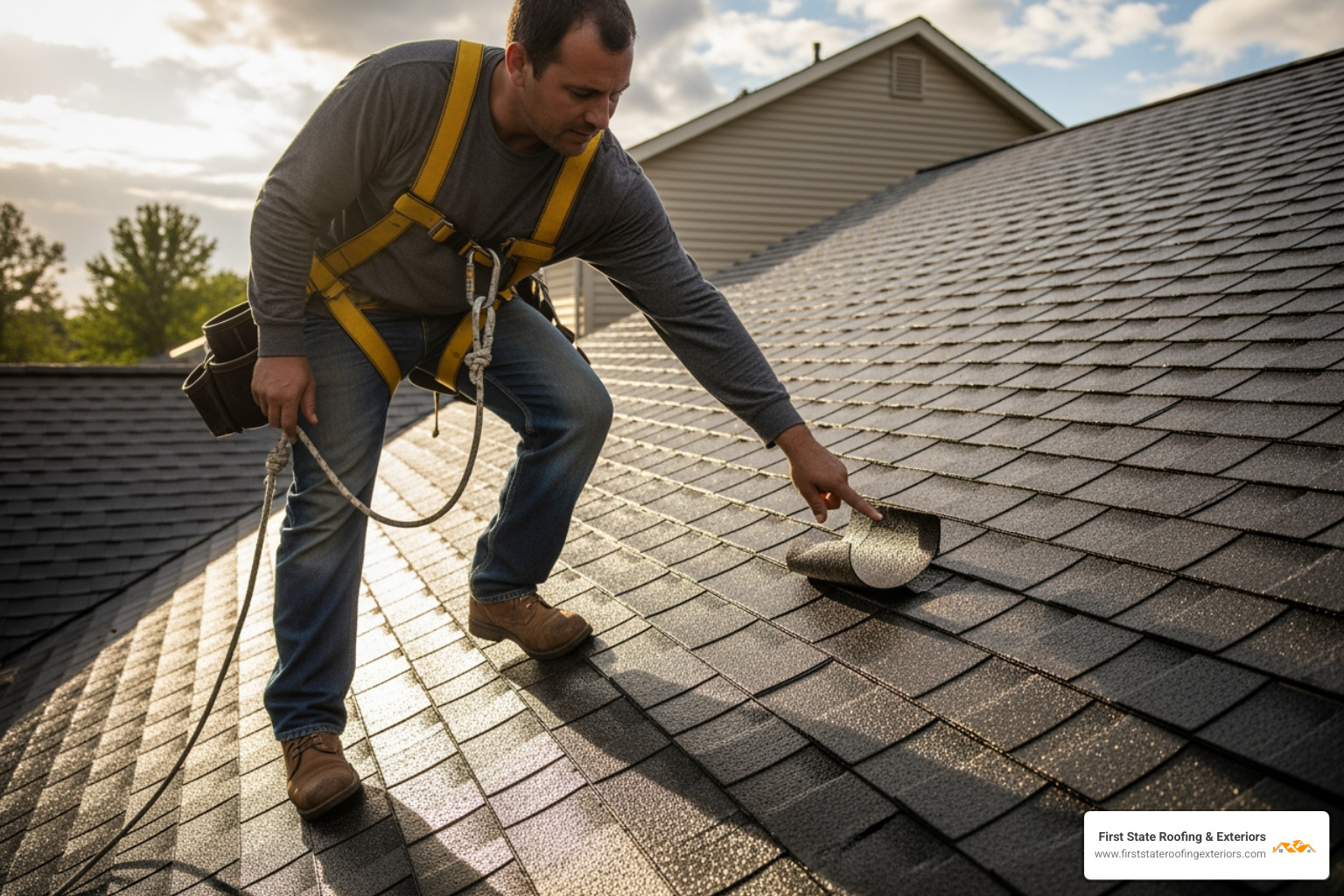 Roofer pointing out minor roof damage - roof inspection dover de Roofer pointing out minor roof damage - roof inspection dover de