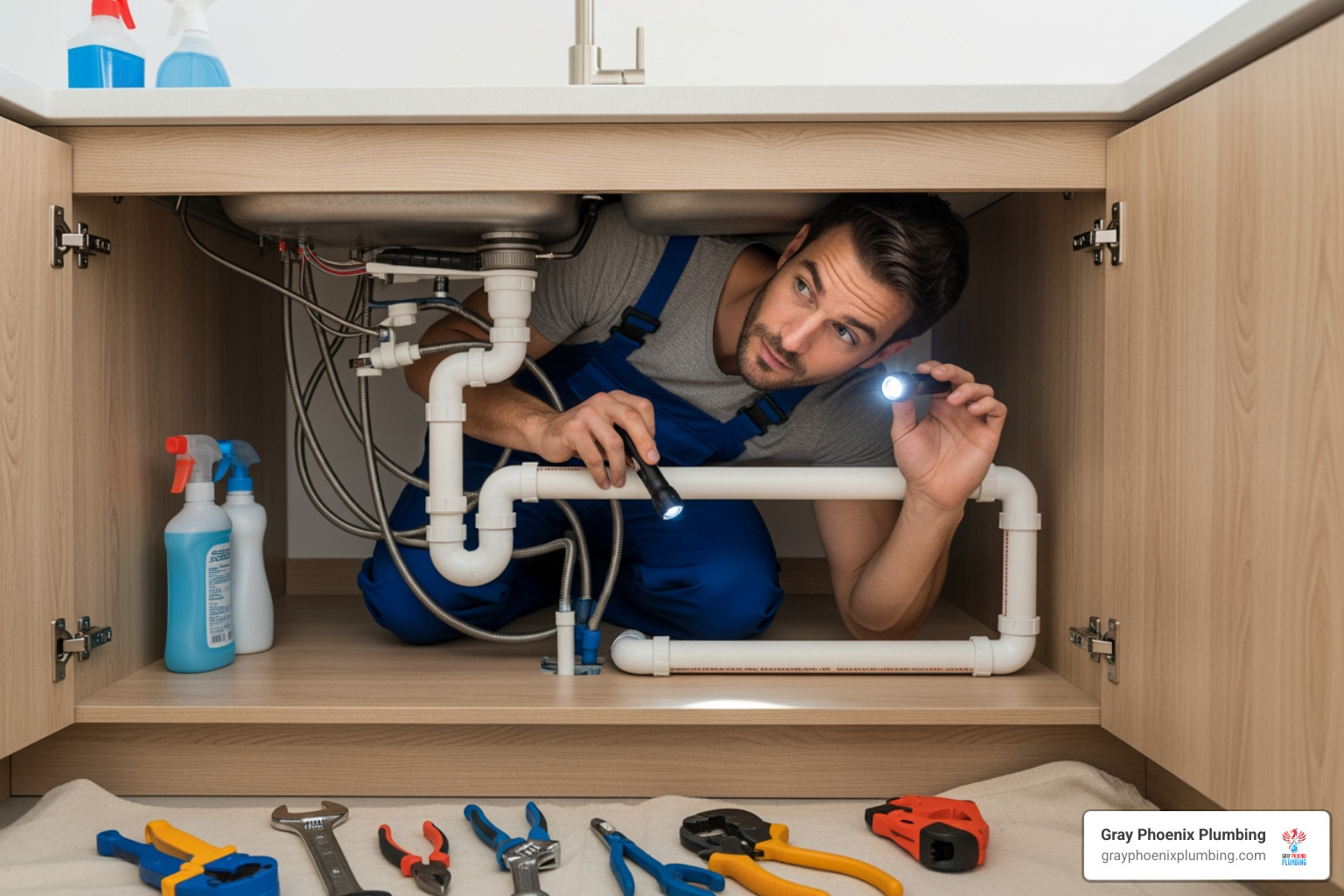 a plumber examining pipes under a sink - littleton plumbing repair a plumber examining pipes under a sink - littleton plumbing repair