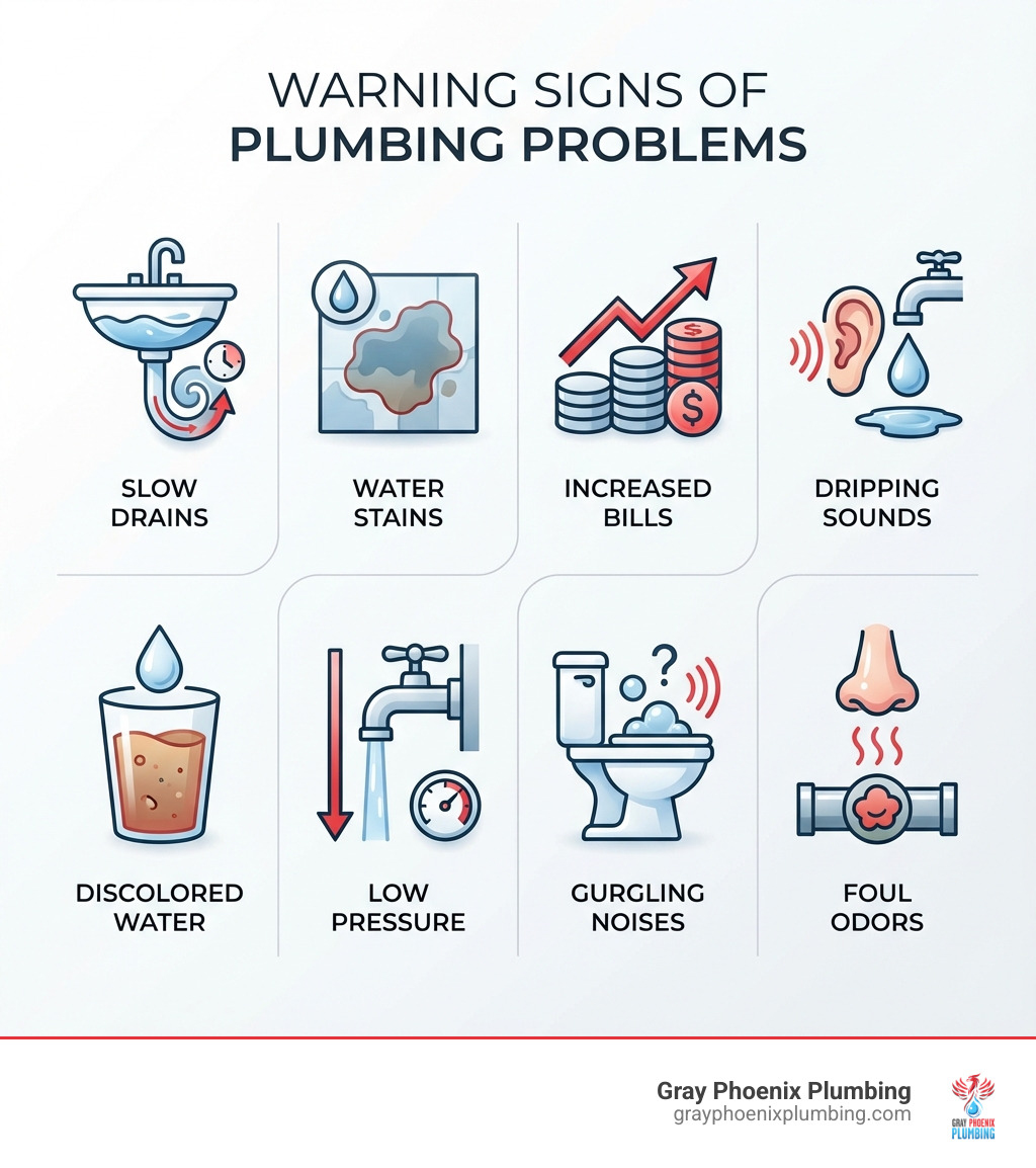 Infographic showing warning signs of plumbing problems including slow drains, water stains, increased bills, dripping sounds, discolored water, low pressure, gurgling noises, and foul odors, with icons for each sign - littleton plumbing repair infographic Infographic showing warning signs of plumbing problems including slow drains, water stains, increased bills, dripping sounds, discolored water, low pressure, gurgling noises, and foul odors, with icons for each sign - littleton plumbing repair infographic