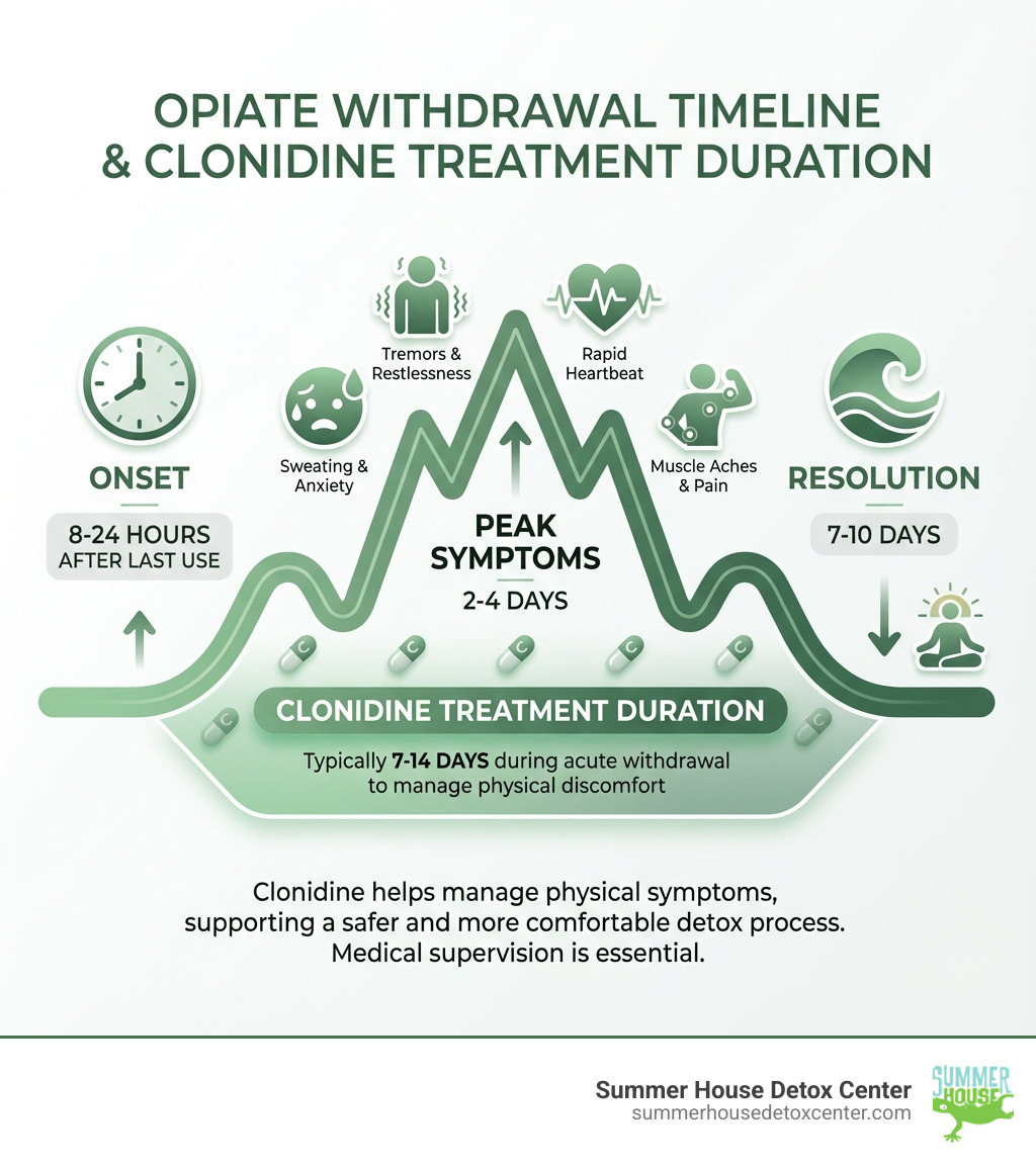 infographic showing opiate withdrawal timeline from 8-24 hours onset through peak symptoms at 2-4 days and resolution by 7-10 days, with clonidine treatment duration indicated - clonidine for opiate withdrawal symptoms infographic 