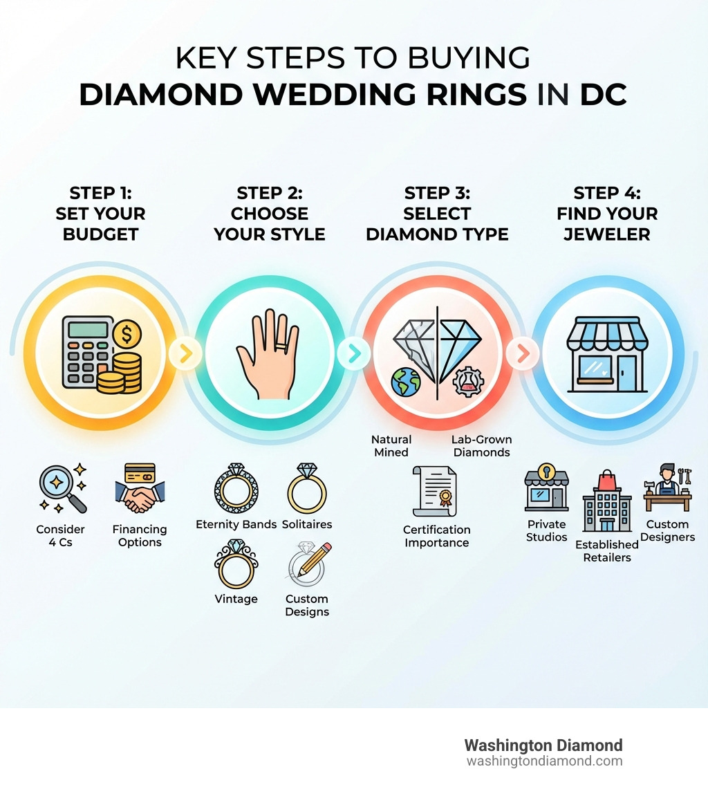 Infographic showing the key steps to buying diamond wedding rings in DC: Step 1 - Set Your Budget (consider the 4 Cs and financing options), Step 2 - Choose Your Style (eternity bands, solitaires, vintage, custom designs), Step 3 - Select Diamond Type (natural mined vs lab-grown diamonds, certification importance), Step 4 - Find Your Jeweler (private studios, established retailers, custom designers) - diamond wedding rings DC infographic Infographic showing the key steps to buying diamond wedding rings in DC: Step 1 - Set Your Budget (consider the 4 Cs and financing options), Step 2 - Choose Your Style (eternity bands, solitaires, vintage, custom designs), Step 3 - Select Diamond Type (natural mined vs lab-grown diamonds, certification importance), Step 4 - Find Your Jeweler (private studios, established retailers, custom designers) - diamond wedding rings DC infographic