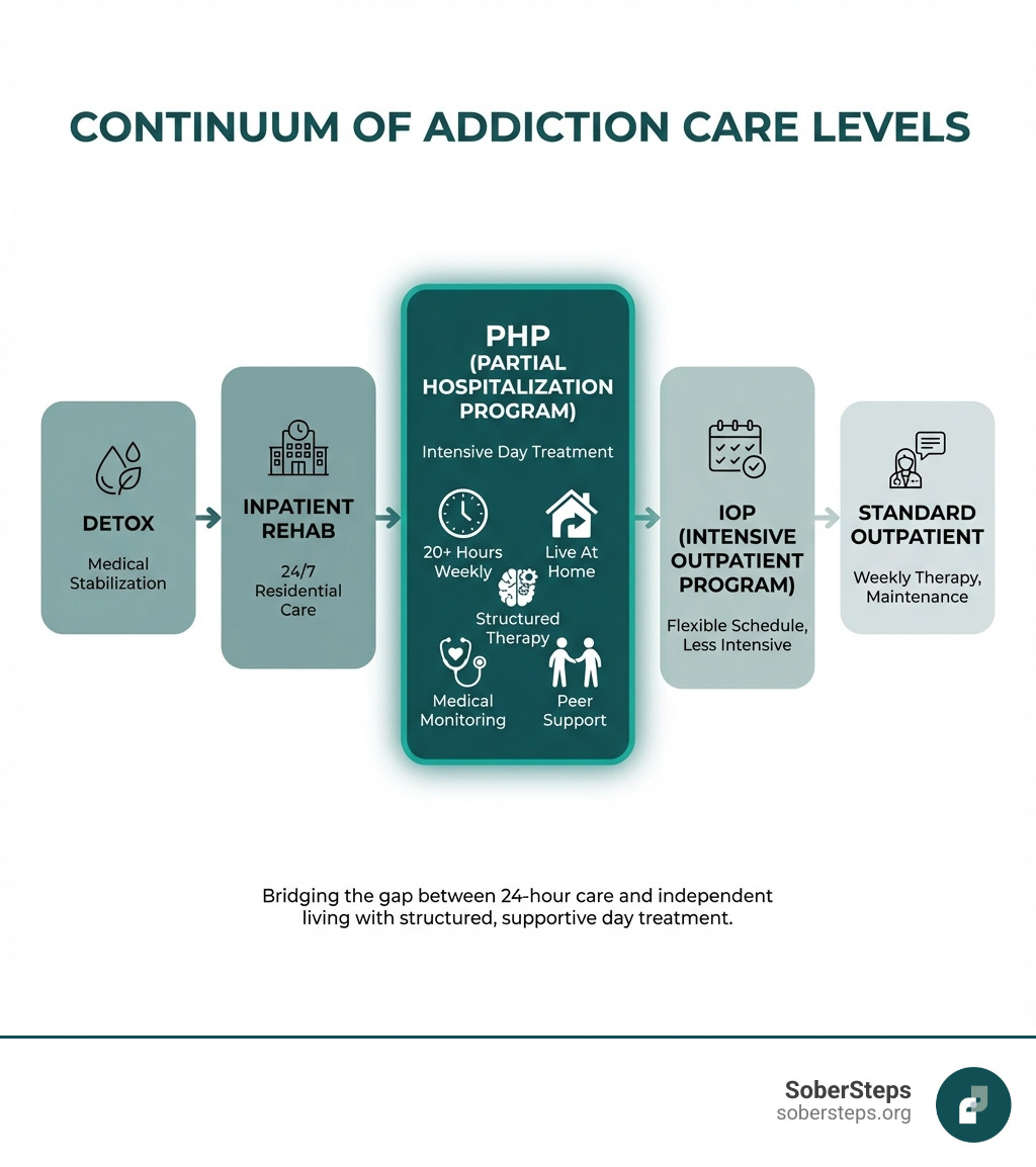infographic showing the continuum of addiction care levels from detox through inpatient, PHP, IOP, to standard outpatient, with PHP highlighted as intensive day treatment requiring 20+ hours weekly, allowing you to live at home while receiving structured therapy, medical monitoring, and peer support - Partial Hospitalization Programs (PHPs) for Addiction Treatment infographic infographic showing the continuum of addiction care levels from detox through inpatient, PHP, IOP, to standard outpatient, with PHP highlighted as intensive day treatment requiring 20+ hours weekly, allowing you to live at home while receiving structured therapy, medical monitoring, and peer support - Partial Hospitalization Programs (PHPs) for Addiction Treatment infographic