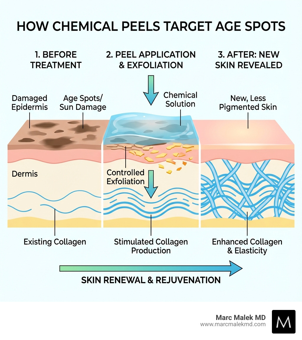 Infographic showing how chemical peels work: the top damaged layer of skin with age spots is removed through controlled exfoliation, revealing new, less pigmented skin underneath while stimulating collagen production in the dermis layer - chemical peel for age spots scottsdale infographic Infographic showing how chemical peels work: the top damaged layer of skin with age spots is removed through controlled exfoliation, revealing new, less pigmented skin underneath while stimulating collagen production in the dermis layer - chemical peel for age spots scottsdale infographic