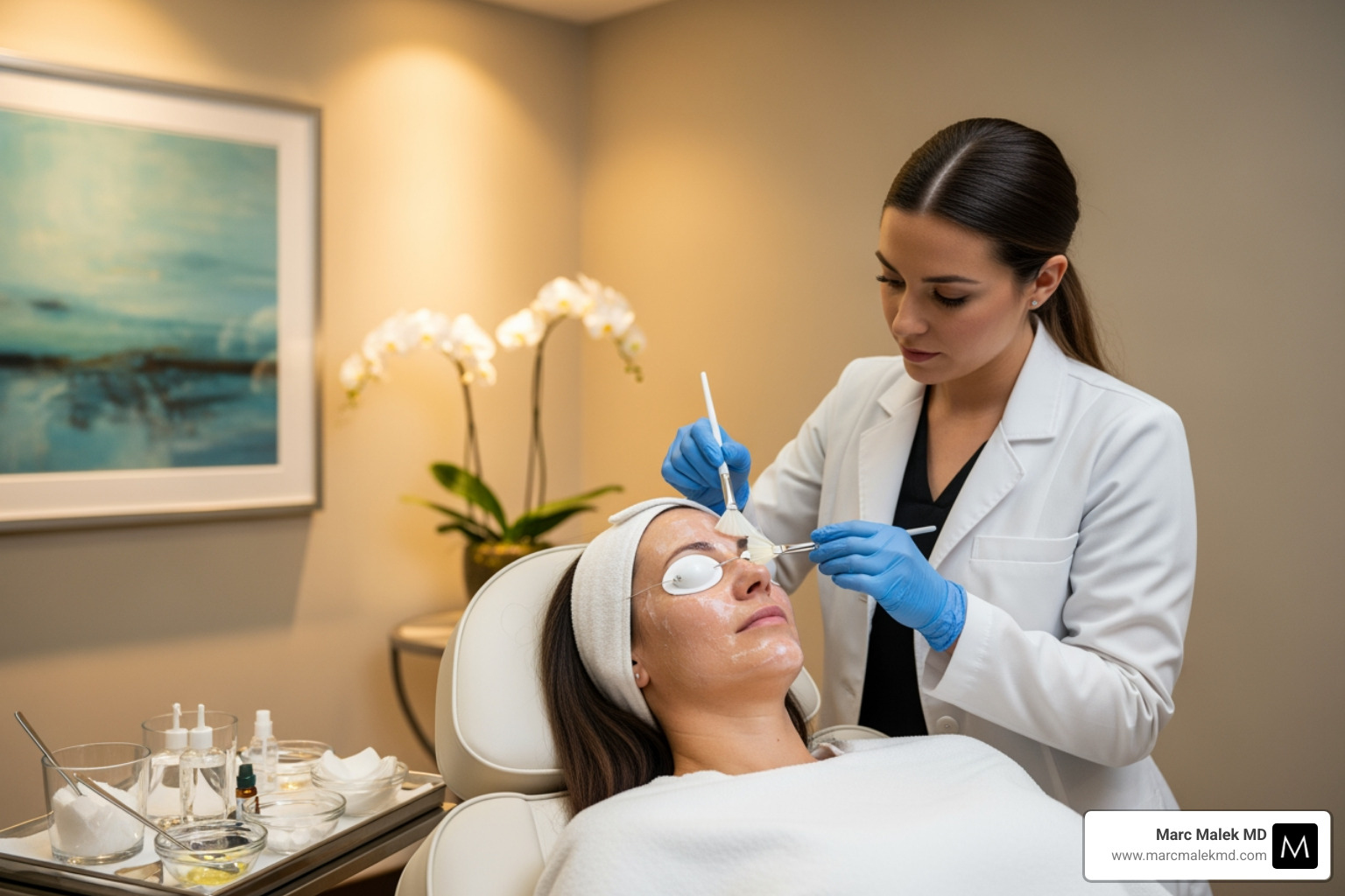 Image of a patient receiving a chemical peel treatment from a professional aesthetician - chemical peel for age spots scottsdale Image of a patient receiving a chemical peel treatment from a professional aesthetician - chemical peel for age spots scottsdale