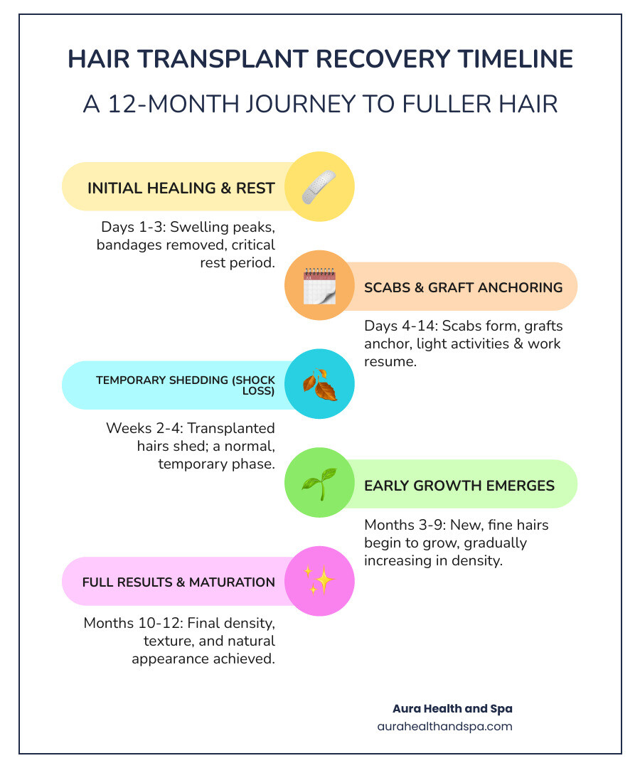 Infographic showing the complete hair transplant recovery timeline from surgery to full results, including key milestones: immediate post-op care days 1-3, scab formation and graft anchoring days 4-10, return to work by day 14, shock loss weeks 2-4, dormant phase through month 3, new growth emergence months 3-4, visible progress with 60-70% density months 6-9, and full natural results by months 10-12 - Hair transplant recovery infographic infographic-line-5-steps-colors