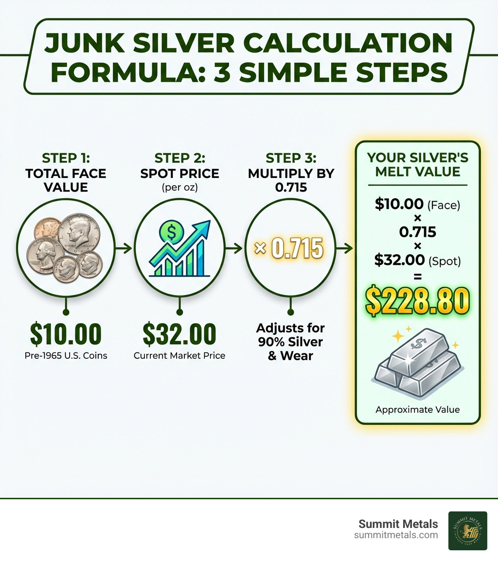 infographic showing the 3-step junk silver calculation formula with visual examples of face value, spot price, and the 0.715 multiplier - calculating silver in junk silver infographic 