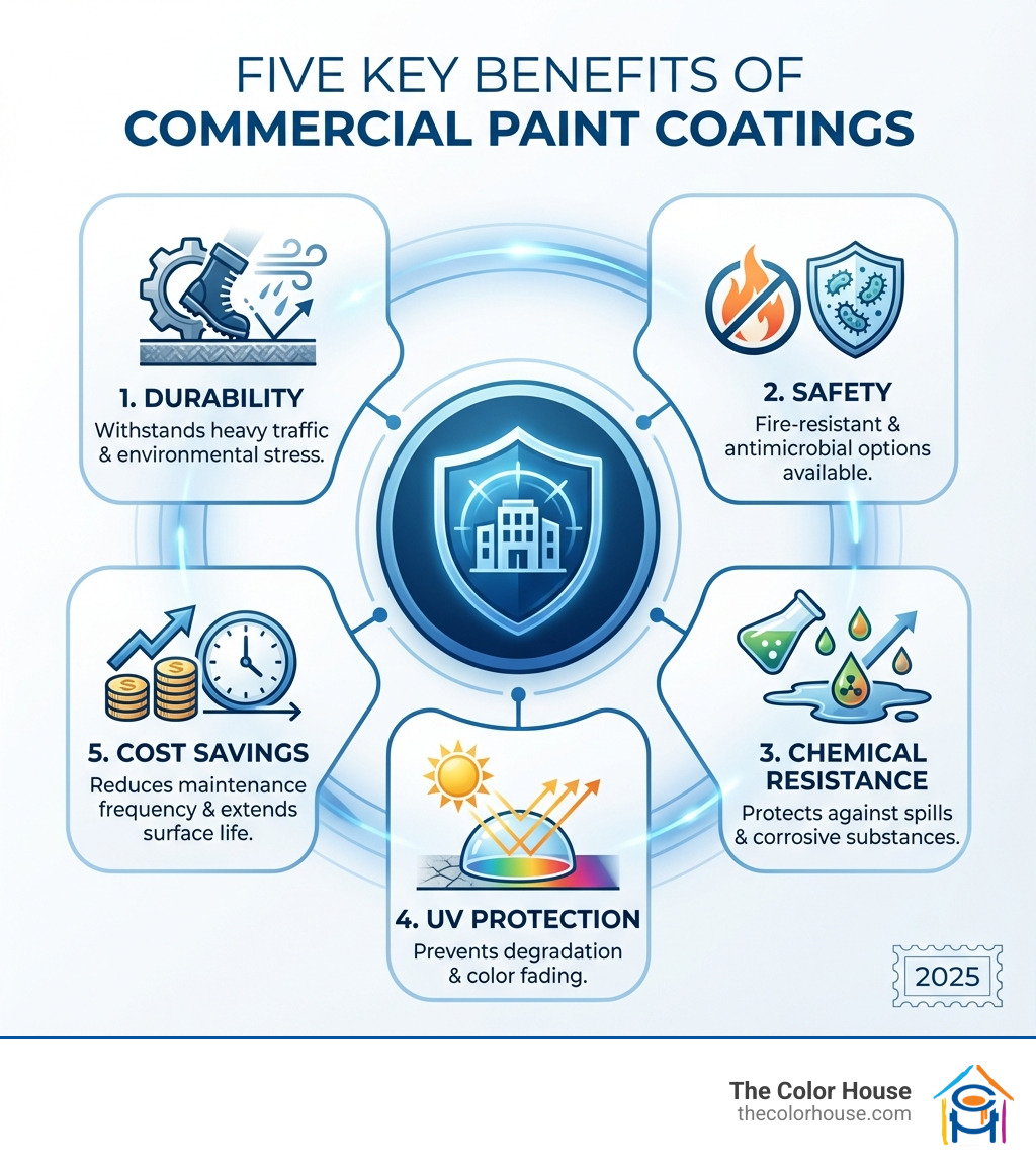 Infographic showing five main benefits of commercial paint coatings arranged in a circular layout: 1. Durability - withstands heavy traffic and environmental stress, 2. Safety - fire-resistant and antimicrobial options available, 3. Chemical Resistance - protects against spills and corrosive substances, 4. UV Protection - prevents degradation and color fading, 5. Cost Savings - reduces maintenance frequency and extends surface life - commercial paint coatings infographic 