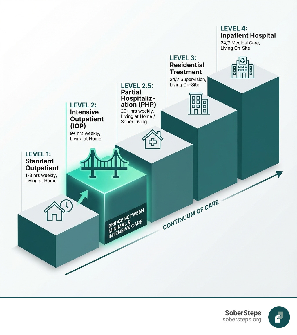 infographic showing the continuum of addiction treatment care with five levels: Level 1 Standard Outpatient (1-3 hours weekly, living at home), Level 2 Intensive Outpatient/IOP (9+ hours weekly, living at home), Level 2.5 Partial Hospitalization/PHP (20+ hours weekly, living at home or sober living), Level 3 Residential Treatment (24/7 supervision, living on-site), and Level 4 Inpatient Hospital (24/7 medical care, living on-site). IOP is highlighted as the bridge between minimal and intensive care. - Intensive Outpatient Programs (IOP) for Addiction Treatment infographic 