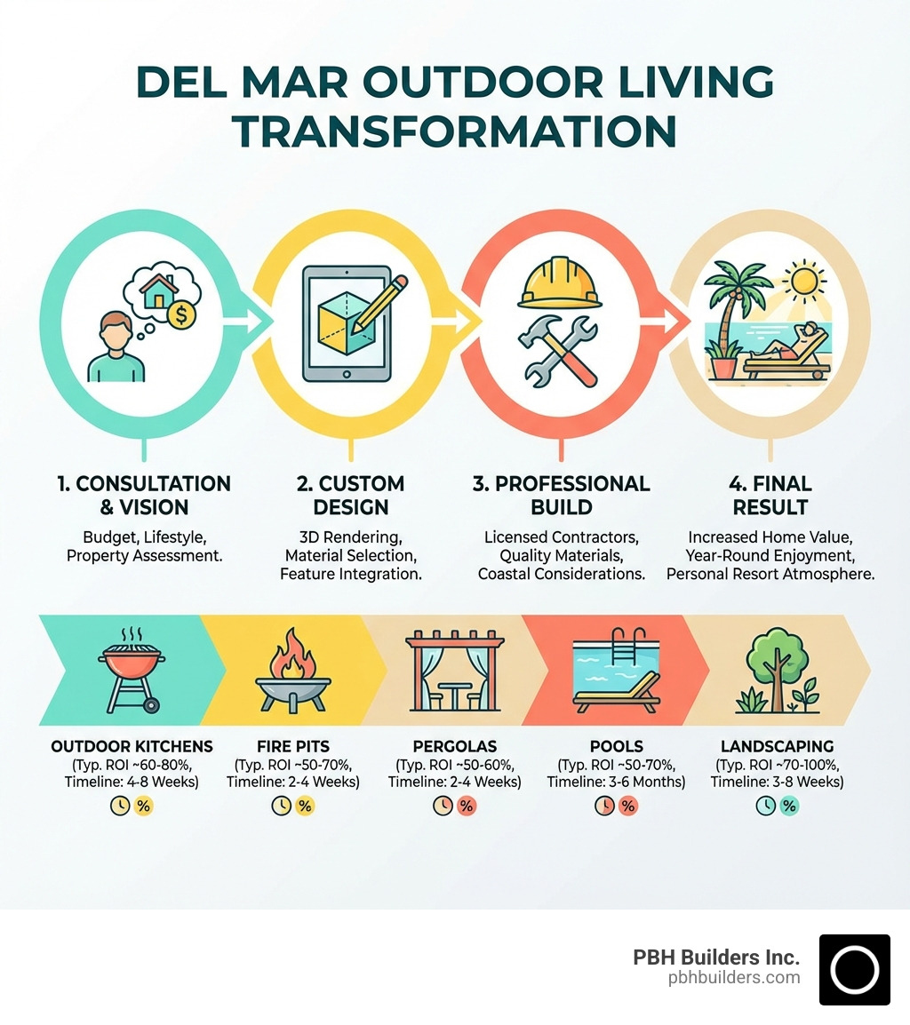 Infographic showing the transformation process for Del Mar outdoor living spaces: 1. Consultation & Vision (budget, lifestyle, property assessment), 2. Custom Design (3D rendering, material selection, feature integration), 3. Professional Build (licensed contractors, quality materials, coastal considerations), 4. Final Result (increased home value, year-round enjoyment, personal resort atmosphere). Includes icons for outdoor kitchens, fire pits, pergolas, pools, and landscaping with typical ROI percentages and timeline estimates. - Outdoor Living Del Mar infographic Infographic showing the transformation process for Del Mar outdoor living spaces: 1. Consultation & Vision (budget, lifestyle, property assessment), 2. Custom Design (3D rendering, material selection, feature integration), 3. Professional Build (licensed contractors, quality materials, coastal considerations), 4. Final Result (increased home value, year-round enjoyment, personal resort atmosphere). Includes icons for outdoor kitchens, fire pits, pergolas, pools, and landscaping with typical ROI percentages and timeline estimates. - Outdoor Living Del Mar infographic
