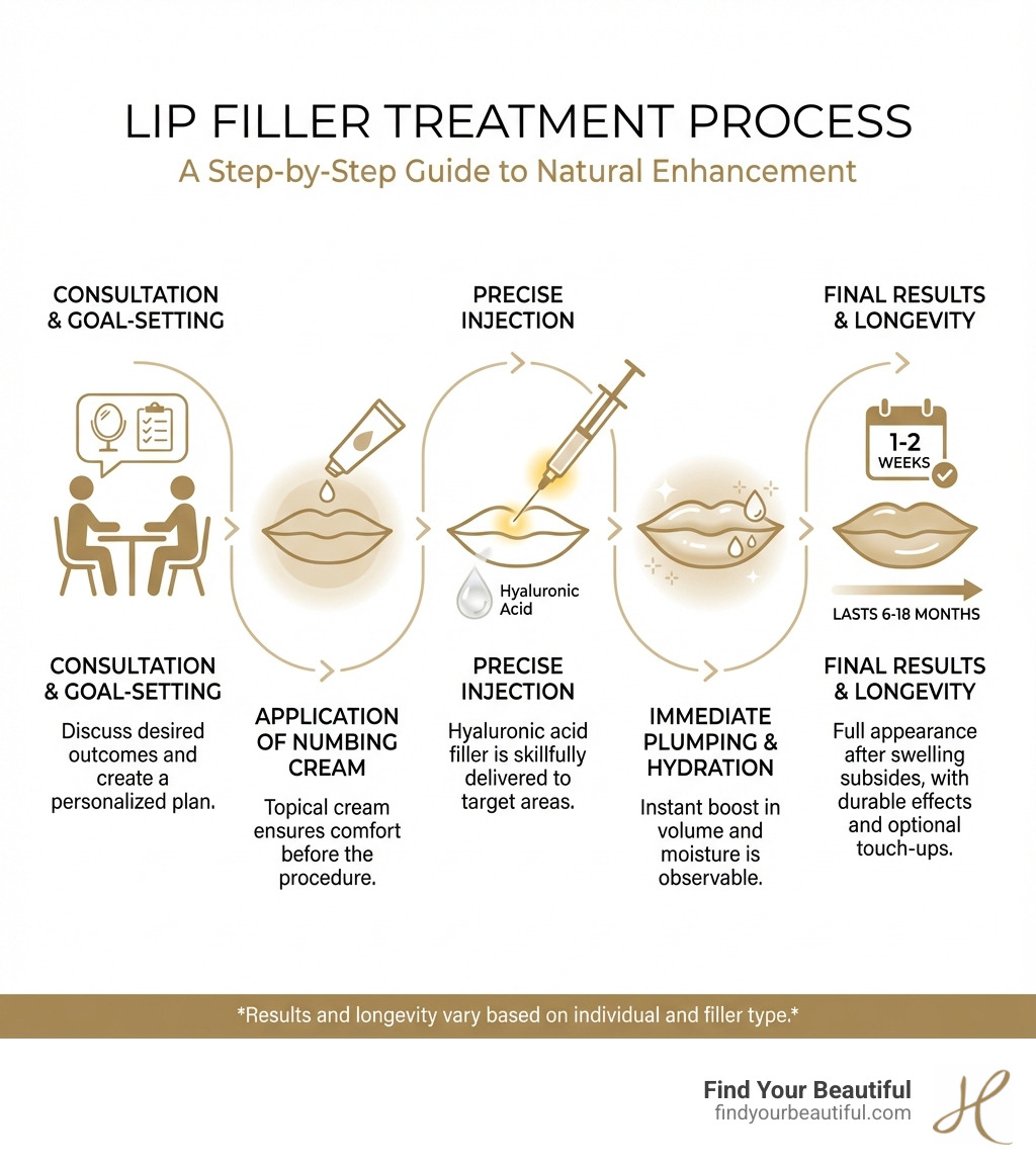 Infographic showing the lip filler treatment process: consultation and goal-setting, application of topical numbing cream, precise injection of hyaluronic acid filler into target areas of the lips, immediate plumping and hydration effect, final results visible within 1-2 weeks after swelling subsides, results lasting 6-18 months with optional touch-ups - lip fillers san antonio infographic 