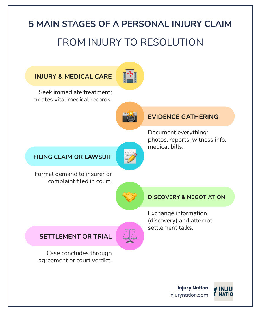 Infographic showing the 5 main stages of a personal injury claim: 1) Injury Occurs & Immediate Medical Care, 2) Evidence Gathering & Documentation, 3) Filing Claim or Lawsuit, 4) Discovery & Negotiation Phase, 5) Settlement or Trial Resolution - Claiming personal injury infographic infographic-line-5-steps-colors