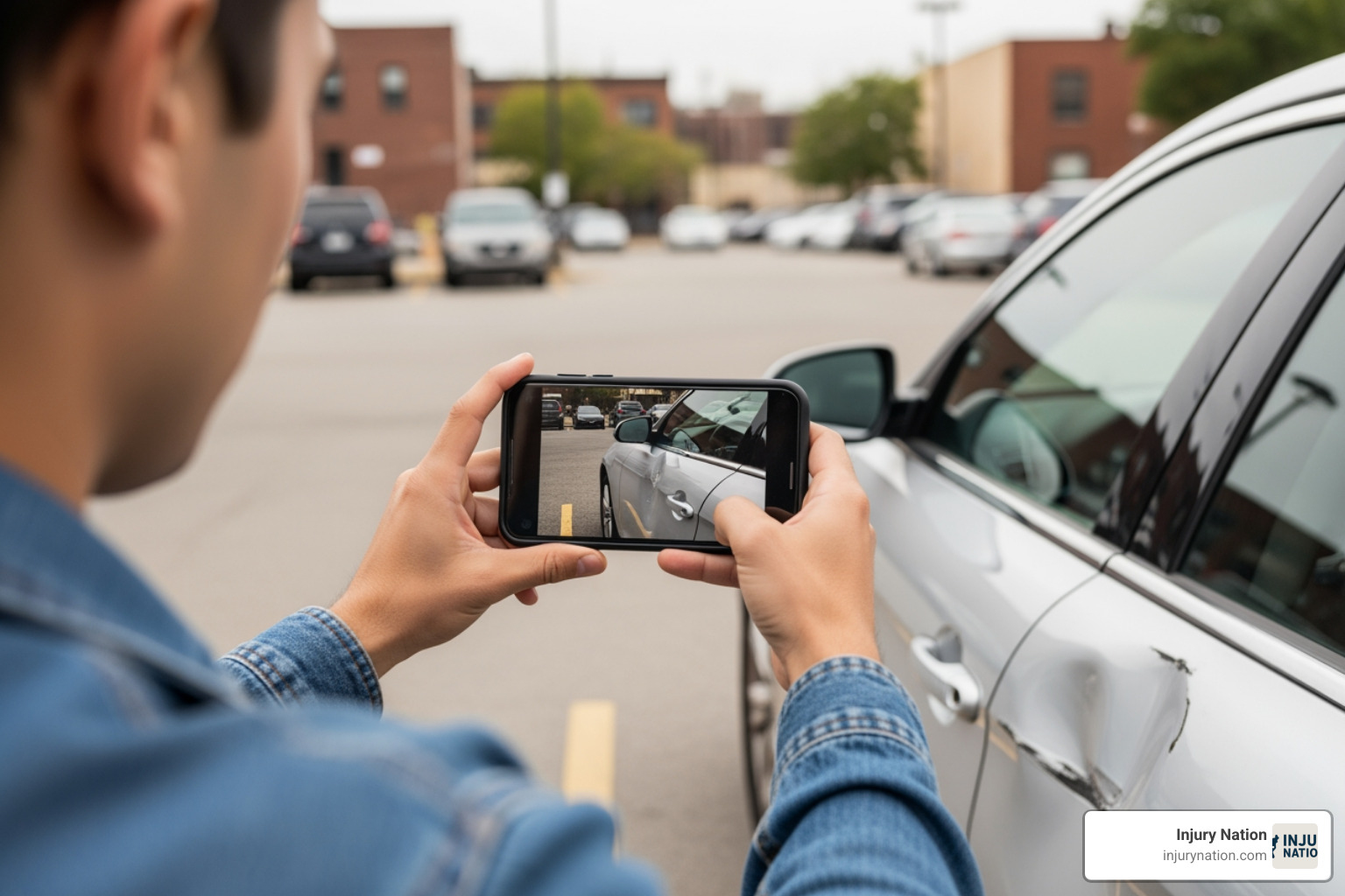 person taking photo of car damage - Claiming personal injury