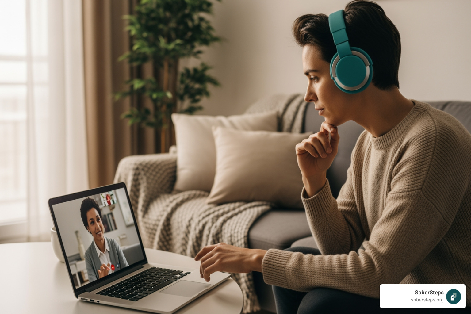 A person attending a telehealth therapy session on a laptop - Outpatient Alcohol and Drug Rehab A person attending a telehealth therapy session on a laptop - Outpatient Alcohol and Drug Rehab