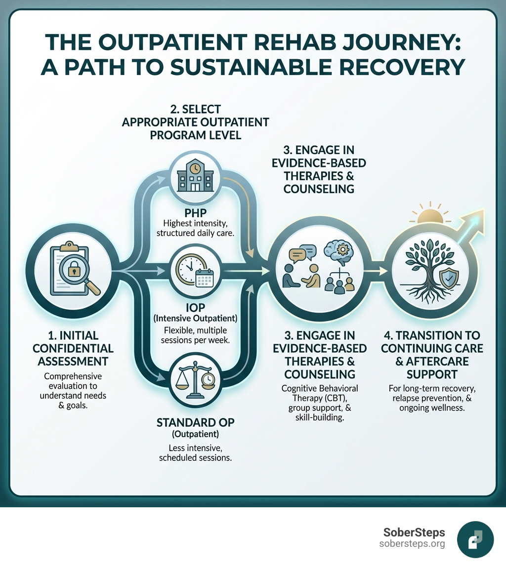 Infographic showing the outpatient rehab journey: Initial confidential assessment, followed by selection of appropriate outpatient program level (PHP, IOP, or Standard OP), engagement in evidence-based therapies and counseling, and transition to continuing care and aftercare support for long-term recovery - Outpatient Alcohol and Drug Rehab infographic Infographic showing the outpatient rehab journey: Initial confidential assessment, followed by selection of appropriate outpatient program level (PHP, IOP, or Standard OP), engagement in evidence-based therapies and counseling, and transition to continuing care and aftercare support for long-term recovery - Outpatient Alcohol and Drug Rehab infographic