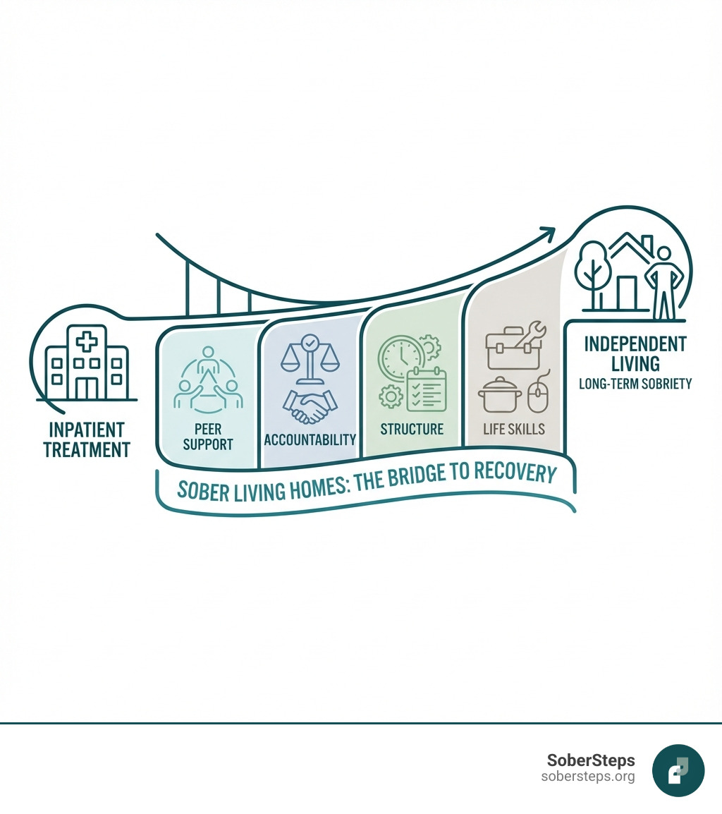 Infographic showing sober living homes as a bridge between inpatient treatment and independent living, with key components including peer support, accountability, structure, and life skills development leading to long-term sobriety - Sober Living Homes infographic infographic-line-5-steps-colors