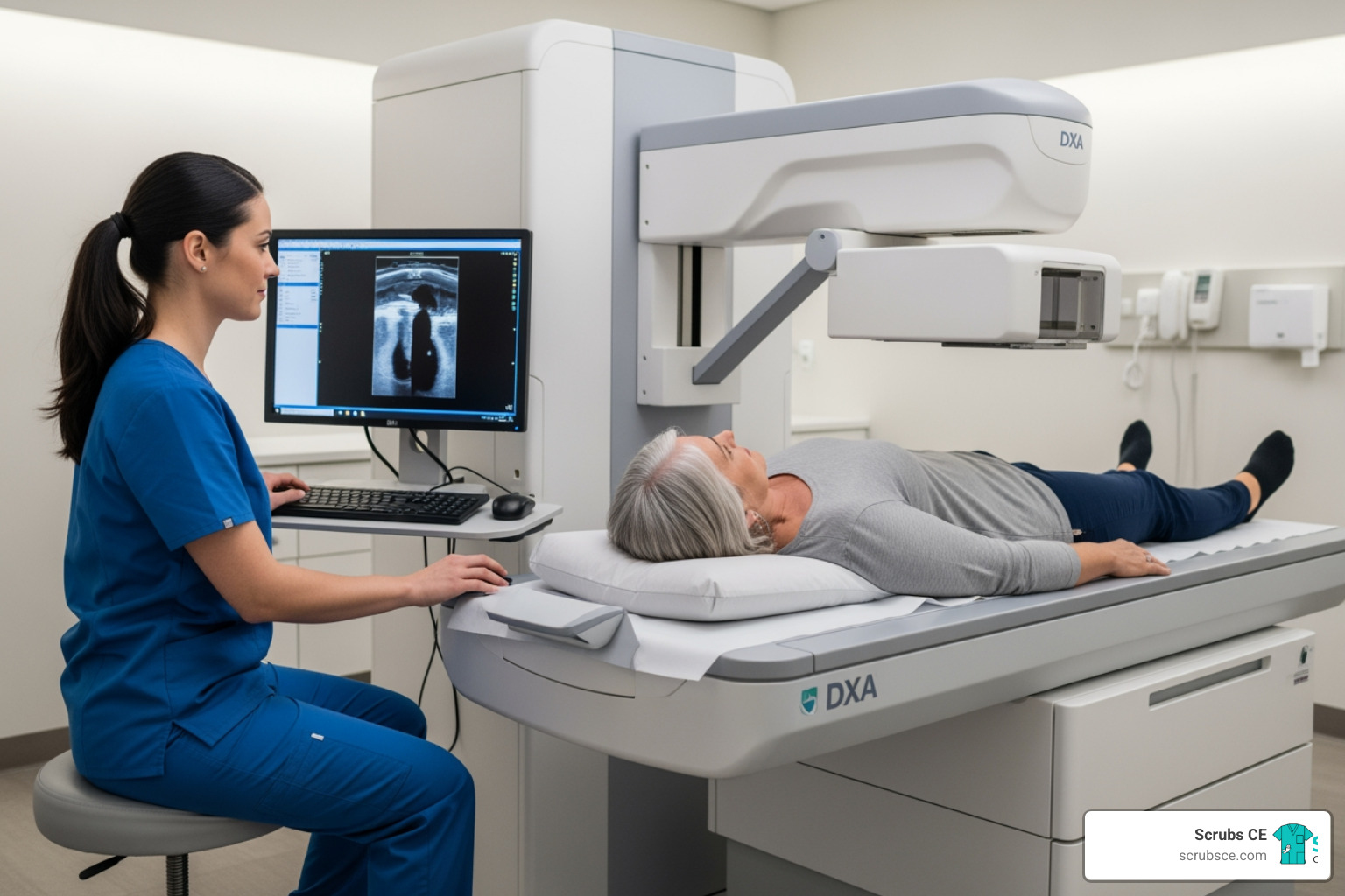 bone densitometry technologist performing DXA scan - Bone densitometry CE bone densitometry technologist performing DXA scan - Bone densitometry CE