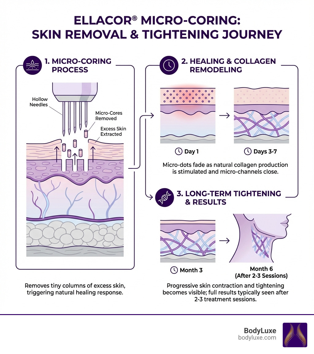 Infographic showing how Ellacor removes micro-cores of skin using hollow needles, triggering collagen remodeling and natural skin contraction, with a timeline showing micro-dots fading over 3-7 days and full tightening visible in 3-6 months after 2-3 treatment sessions - Ellacor for neck infographic 