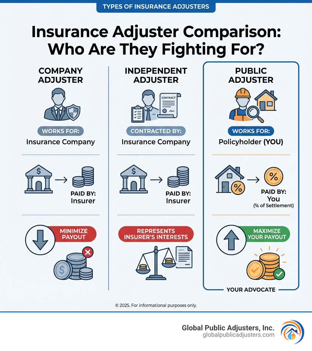Infographic comparing three types of insurance adjusters: Company Adjuster (works for insurance company, paid by insurer, goal is to minimize payout), Independent Adjuster (contracted by insurance company, paid by insurer, represents insurer's interests), and Public Adjuster (works for policyholder, paid by you as percentage of settlement, goal is to maximize your payout) - Public adjuster insurance claim infographic 