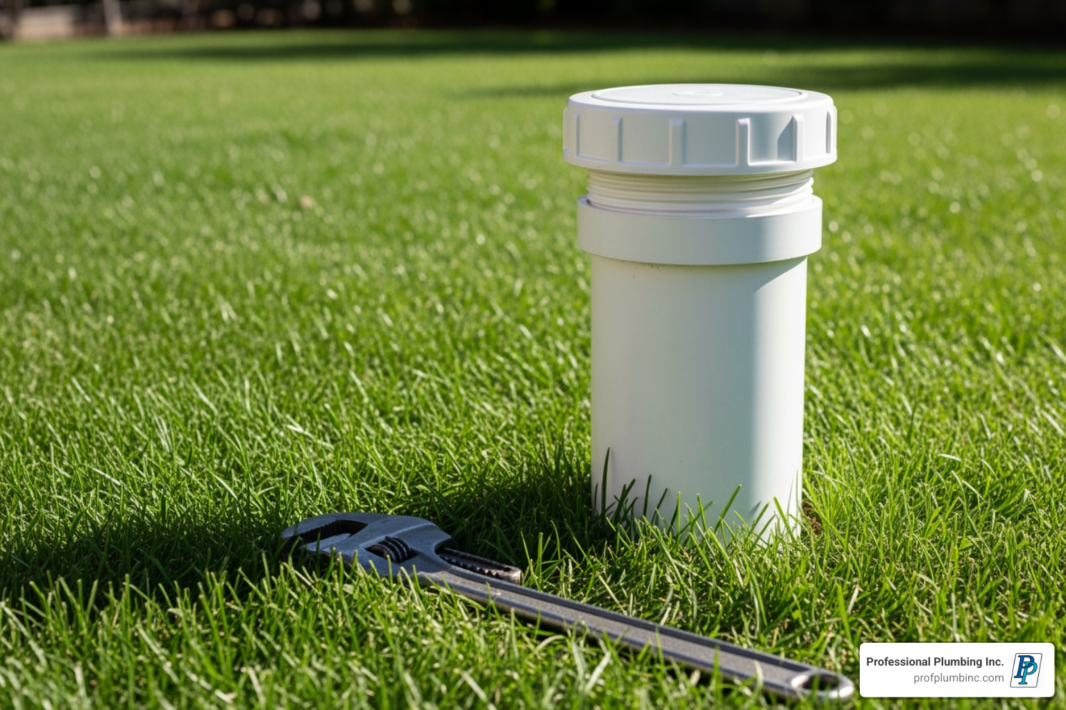 Sewer cleanout pipe in a yard with a wrench next to it - clogged main sewer line Sewer cleanout pipe in a yard with a wrench next to it - clogged main sewer line