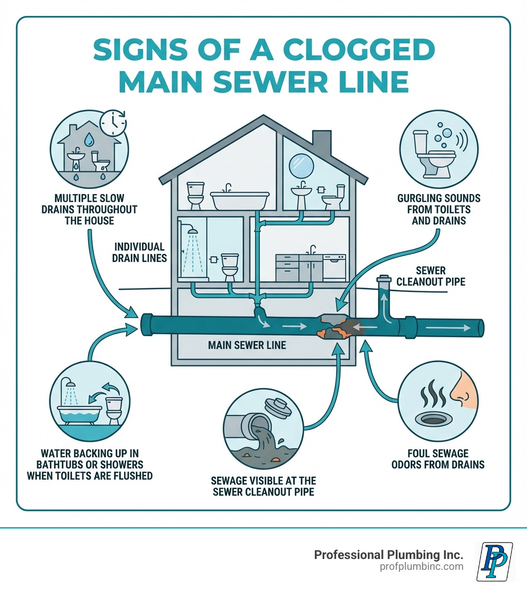 Infographic showing the signs of a clogged main sewer line including multiple slow drains throughout the house, gurgling sounds from toilets and drains, water backing up in bathtubs or showers when toilets are flushed, foul sewage odors from drains, and sewage visible at the sewer cleanout pipe, with arrows pointing to a cross-section diagram of a home's plumbing system highlighting the main sewer line versus individual drain lines - clogged main sewer line infographic Infographic showing the signs of a clogged main sewer line including multiple slow drains throughout the house, gurgling sounds from toilets and drains, water backing up in bathtubs or showers when toilets are flushed, foul sewage odors from drains, and sewage visible at the sewer cleanout pipe, with arrows pointing to a cross-section diagram of a home's plumbing system highlighting the main sewer line versus individual drain lines - clogged main sewer line infographic