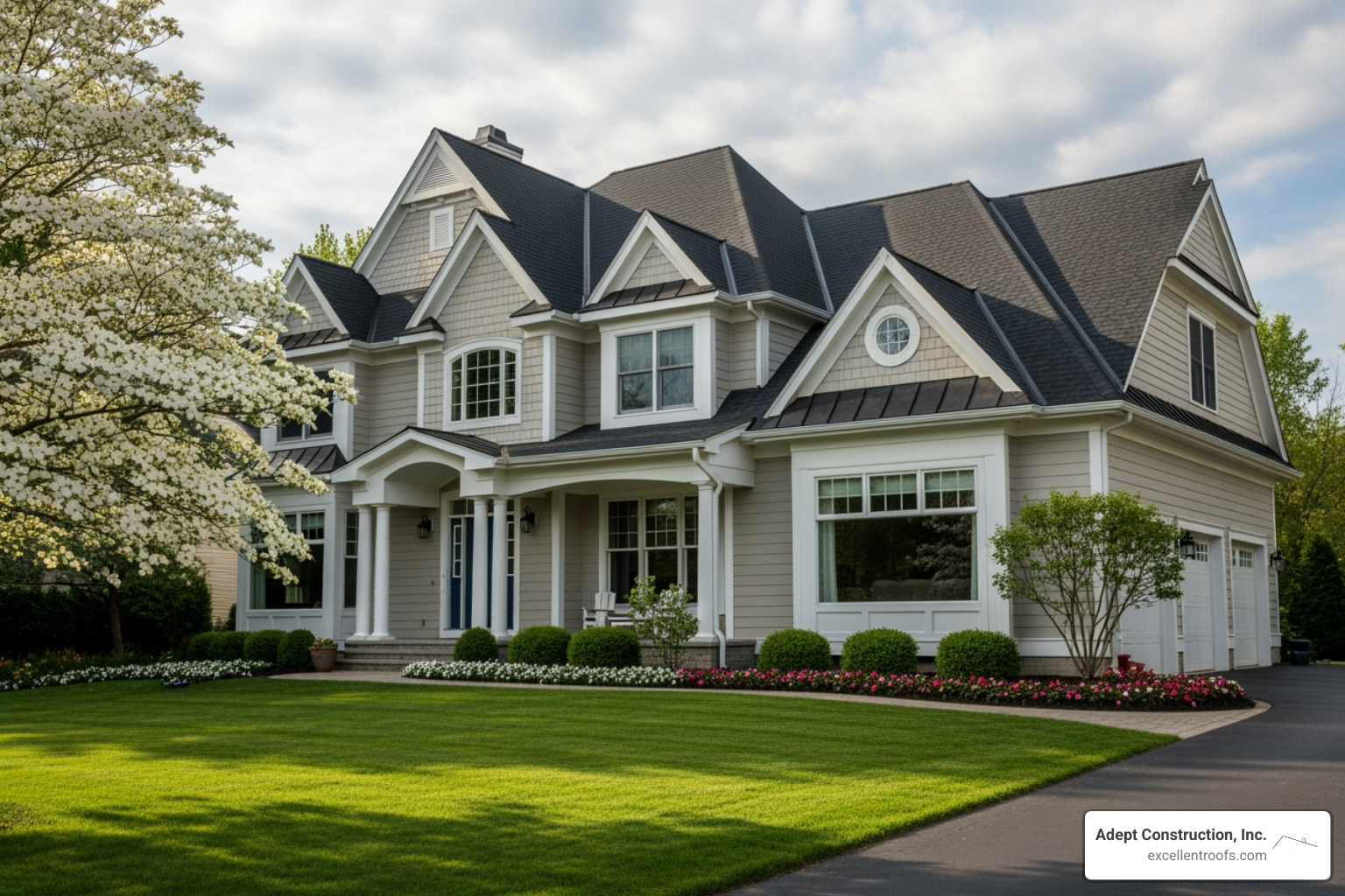 Home with architectural asphalt shingles in a suburban setting - residential roofing systems Home with architectural asphalt shingles in a suburban setting - residential roofing systems