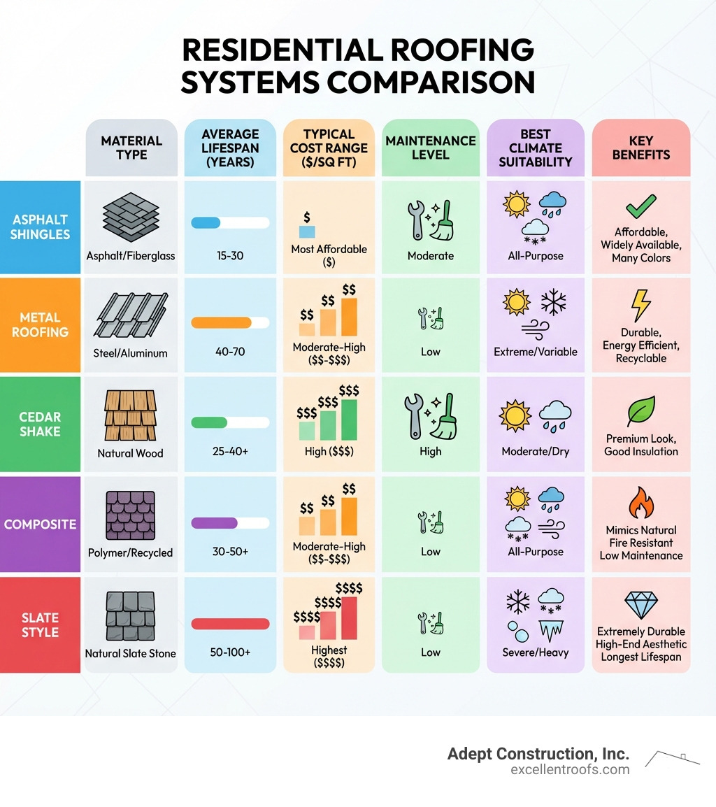 Infographic comparing the 5 main residential roofing systems showing material type, average lifespan in years, typical cost range per square foot, maintenance level required, best climate suitability, and key benefits for Asphalt Shingles, Metal Roofing, Cedar Shake, Composite, and Slate Style systems - residential roofing systems infographic Infographic comparing the 5 main residential roofing systems showing material type, average lifespan in years, typical cost range per square foot, maintenance level required, best climate suitability, and key benefits for Asphalt Shingles, Metal Roofing, Cedar Shake, Composite, and Slate Style systems - residential roofing systems infographic