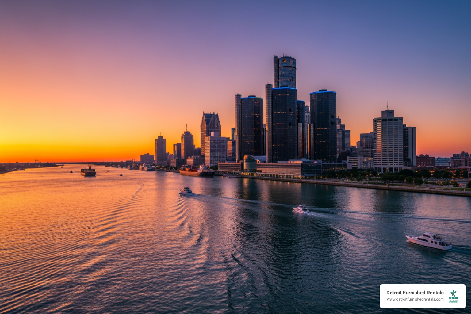 Detroit skyline and riverfront - business travel Detroit Detroit skyline and riverfront - business travel Detroit