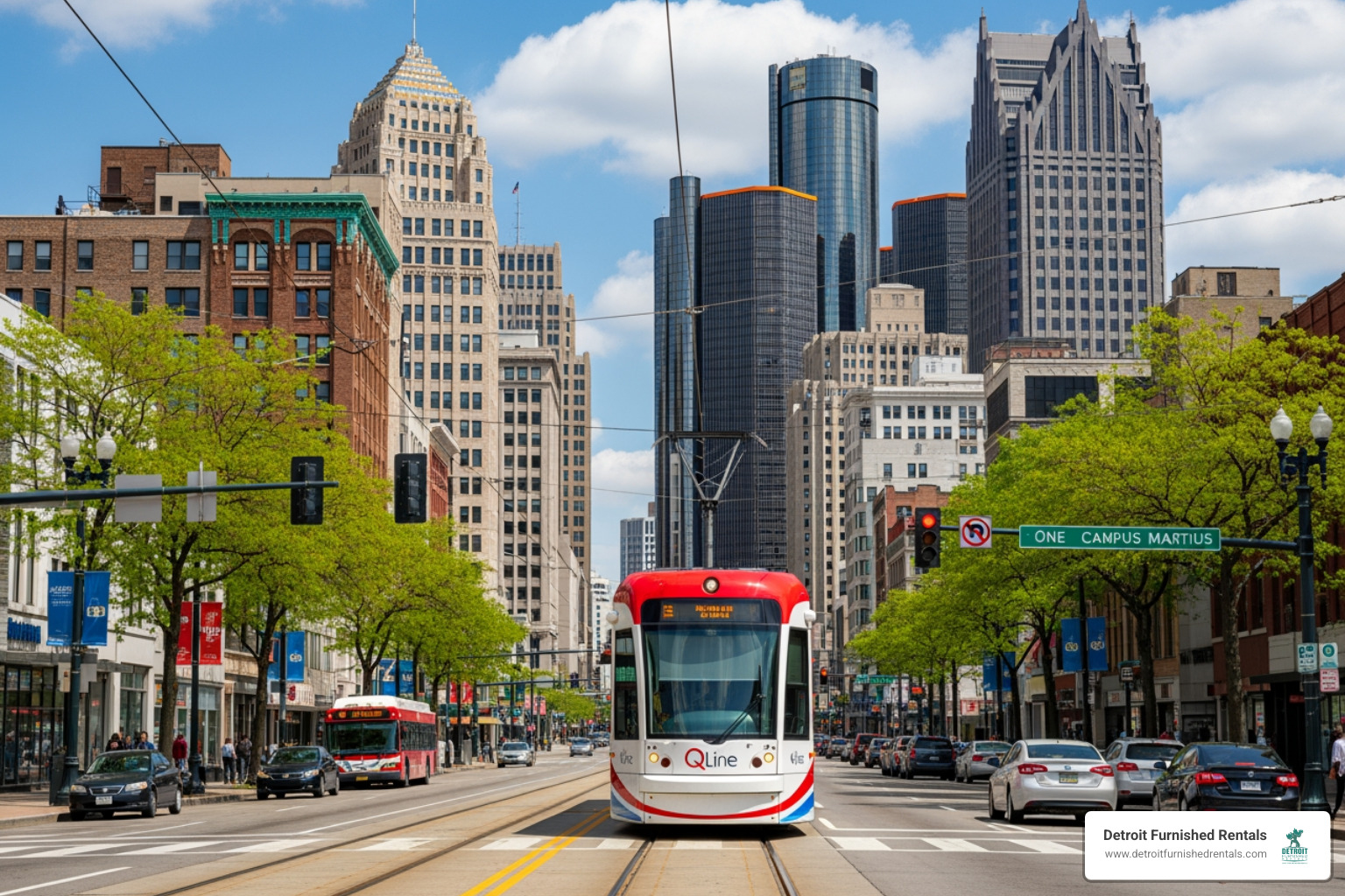 QLine streetcar on Woodward Avenue - business travel Detroit QLine streetcar on Woodward Avenue - business travel Detroit