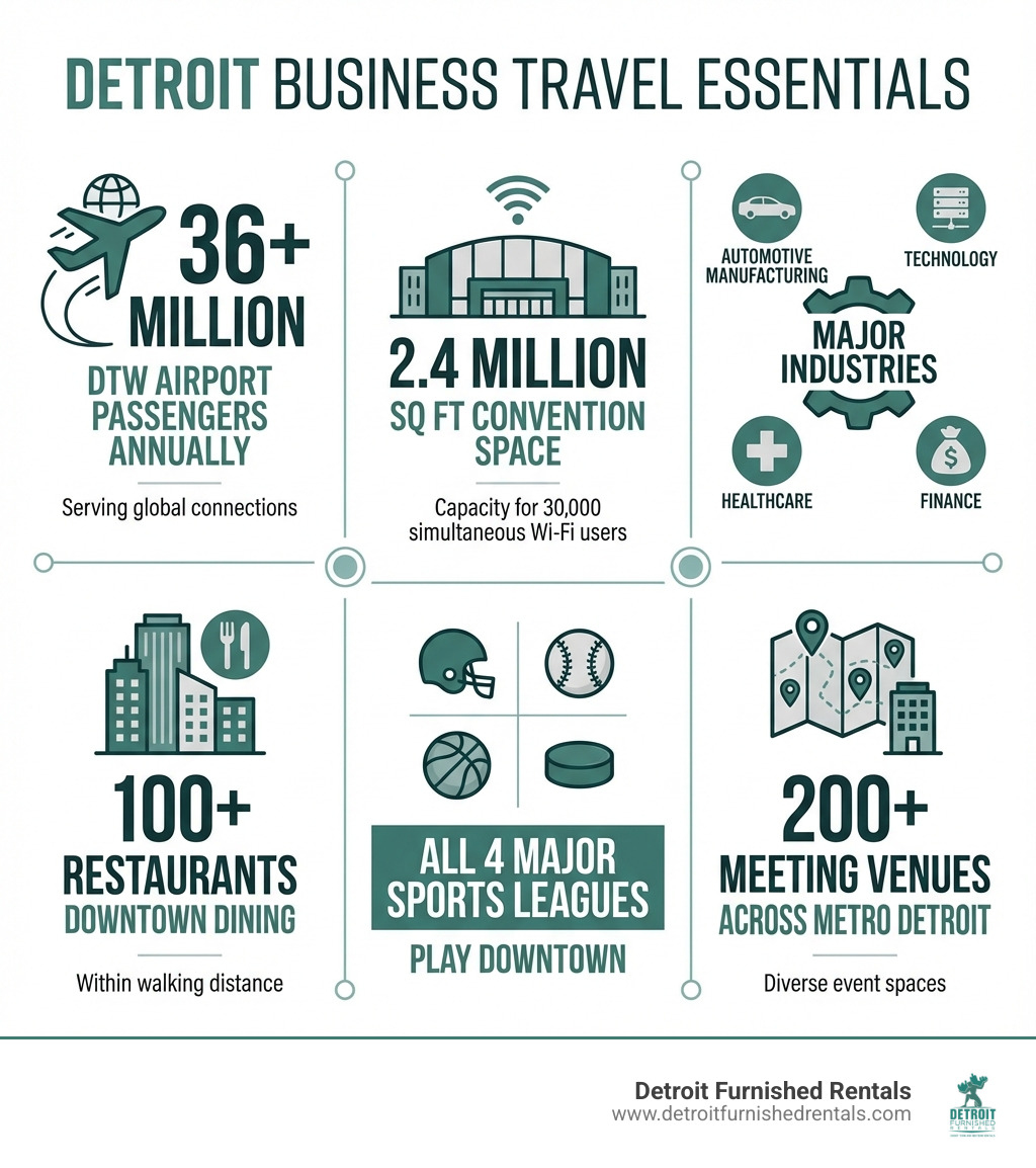 Infographic showing Detroit business travel essentials: DTW Airport serves 36+ million passengers annually, Huntington Place Convention Center offers 2.4 million sq ft with capacity for 30,000 simultaneous Wi-Fi users, major industries include automotive manufacturing, technology, healthcare, and finance, downtown features 100+ restaurants within walking distance, all four major sports leagues play downtown, and the city offers 200+ meeting venues across Metro Detroit - business travel Detroit infographic Infographic showing Detroit business travel essentials: DTW Airport serves 36+ million passengers annually, Huntington Place Convention Center offers 2.4 million sq ft with capacity for 30,000 simultaneous Wi-Fi users, major industries include automotive manufacturing, technology, healthcare, and finance, downtown features 100+ restaurants within walking distance, all four major sports leagues play downtown, and the city offers 200+ meeting venues across Metro Detroit - business travel Detroit infographic
