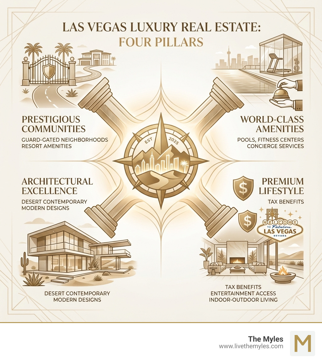 Infographic showing the four pillars of Las Vegas luxury real estate: Prestigious Communities (guard-gated neighborhoods with resort amenities), World-Class Amenities (pools, fitness centers, concierge services), Architectural Excellence (desert contemporary and modern designs), and Premium Lifestyle (tax benefits, entertainment access, indoor-outdoor living) - Las Vegas luxury real estate infographic 