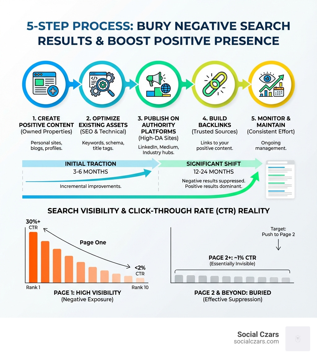 infographic showing the 5-step process to bury negative search results with timeline expectations and CTR statistics - how to bury bad search results infographic 