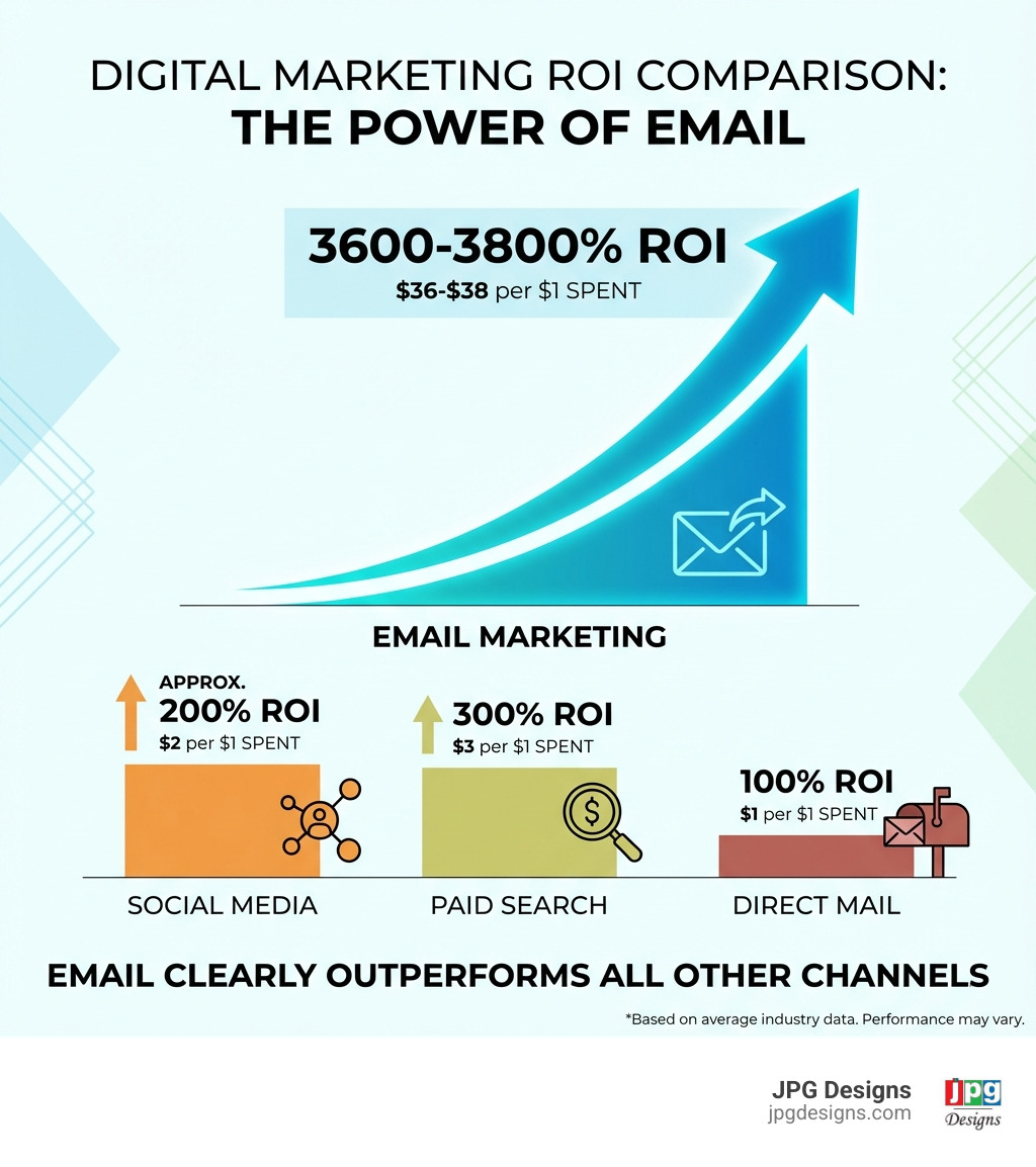 Infographic showing email marketing ROI comparison: email marketing at 3600-3800% ROI ($36-$38 per $1 spent) compared to social media at approximately 200% ROI, paid search at 300% ROI, and direct mail at 100% ROI, with email clearly outperforming all other digital marketing channels - email marketing service infographic Infographic showing email marketing ROI comparison: email marketing at 3600-3800% ROI ($36-$38 per $1 spent) compared to social media at approximately 200% ROI, paid search at 300% ROI, and direct mail at 100% ROI, with email clearly outperforming all other digital marketing channels - email marketing service infographic