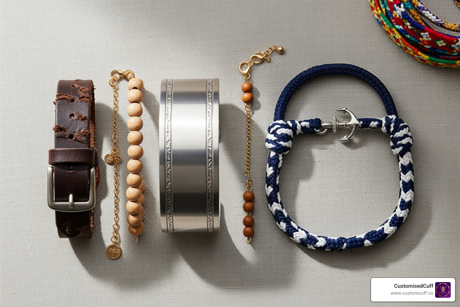 Flat lay showing various CustomisedCuff bracelet styles: leather, metal cuff, and rope. - couples coordinates bracelet Flat lay showing various CustomisedCuff bracelet styles: leather, metal cuff, and rope. - couples coordinates bracelet