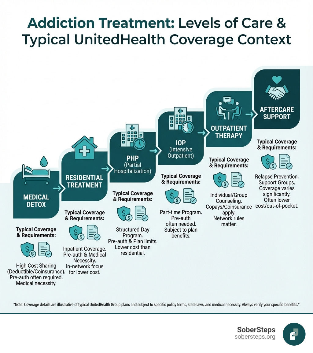 infographic showing levels of addiction treatment care from medical detox through residential treatment, PHP, IOP, outpatient therapy, and aftercare support with typical coverage requirements for each level - UnitedHealth Group Insurance Coverage for Drug Rehab infographic 