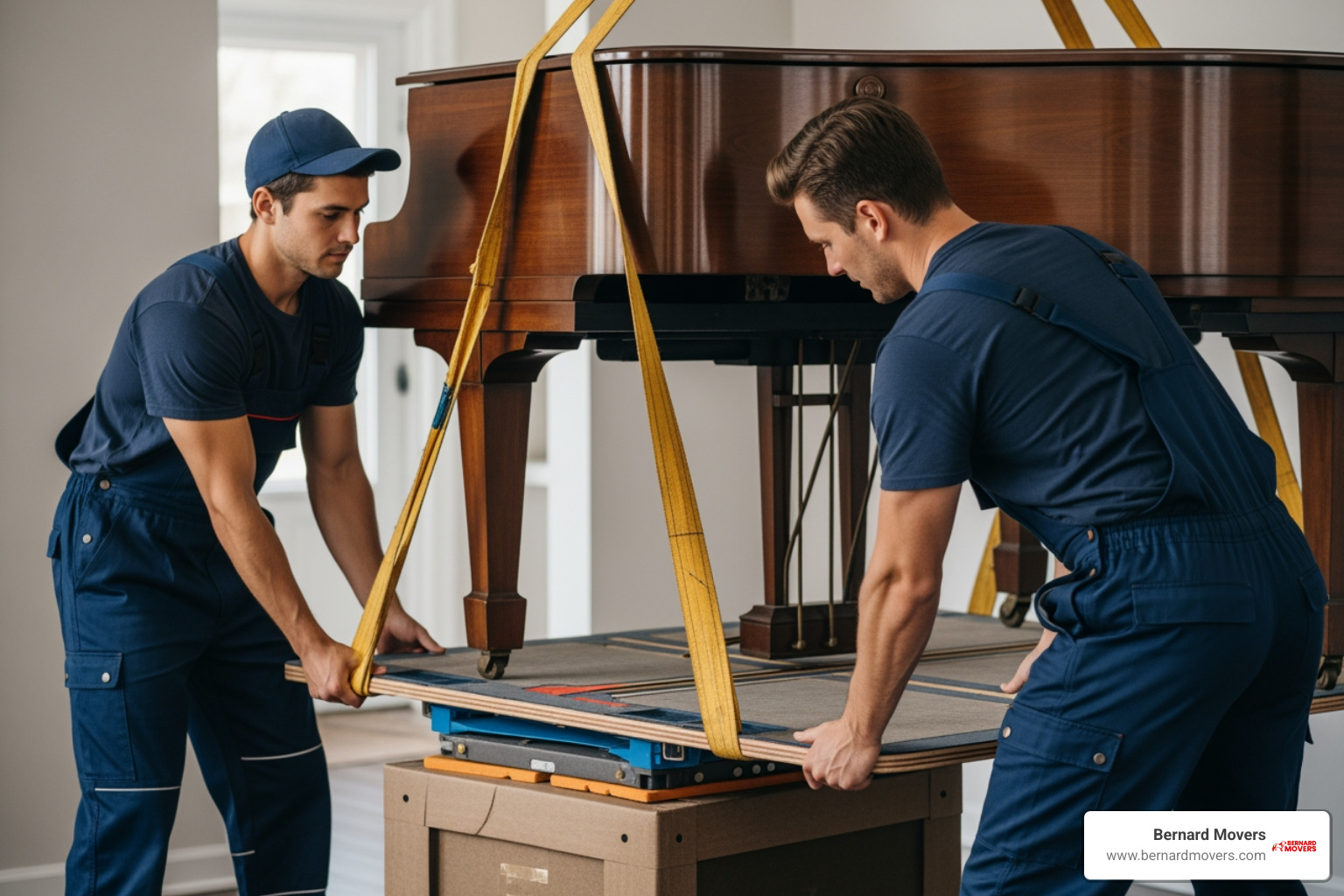 Professional movers carefully maneuvering a piano onto a piano board with lifting straps - cheapest way to move a piano Professional movers carefully maneuvering a piano onto a piano board with lifting straps - cheapest way to move a piano