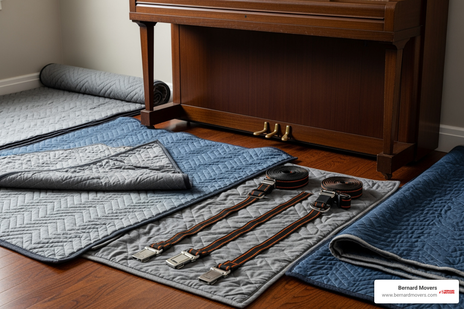 Moving blankets and sturdy straps laid out on the floor next to an upright piano, ready for wrapping and securing - cheapest way to move a piano Moving blankets and sturdy straps laid out on the floor next to an upright piano, ready for wrapping and securing - cheapest way to move a piano