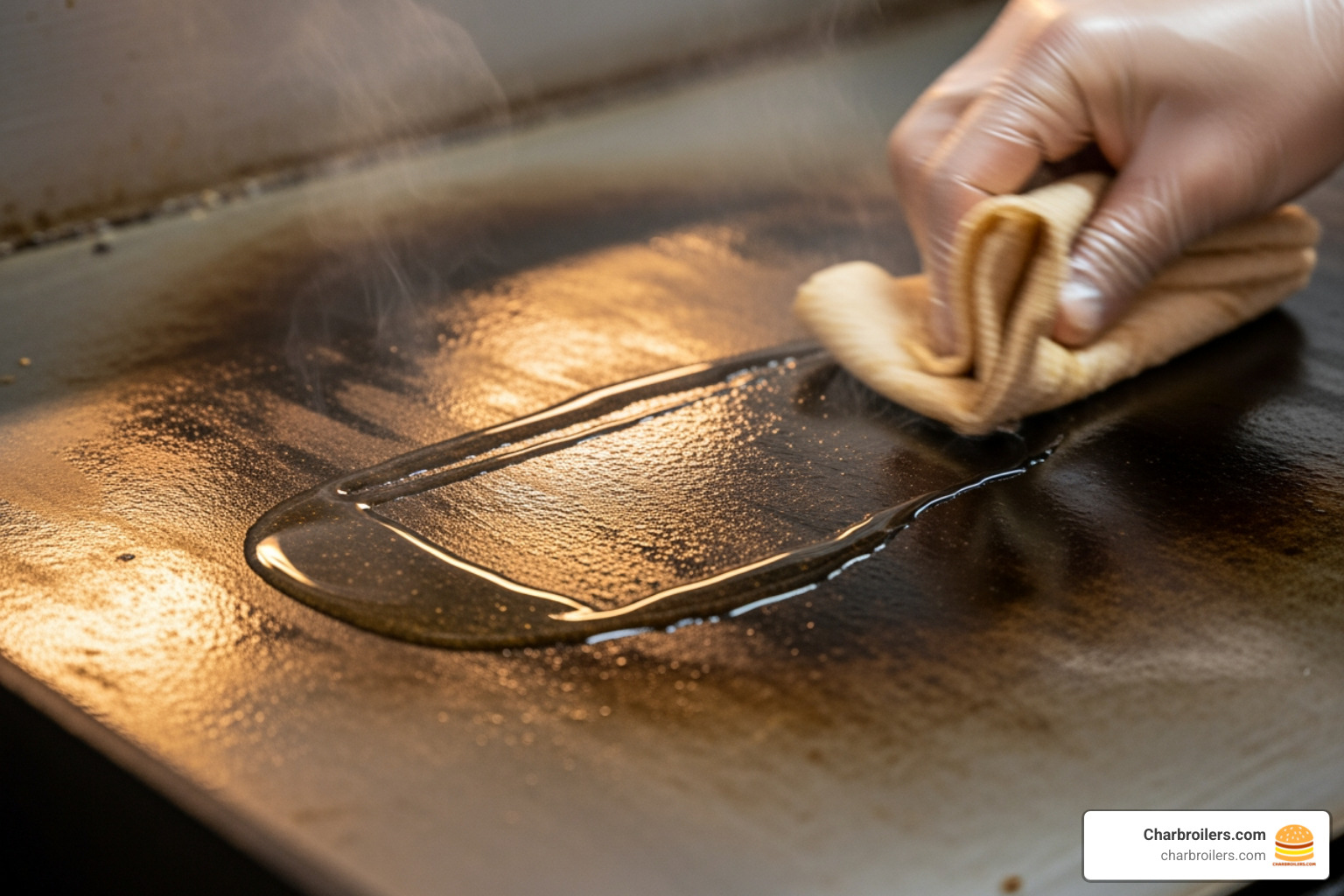 oil being spread on a warm griddle - how to clean and season a commercial griddle
