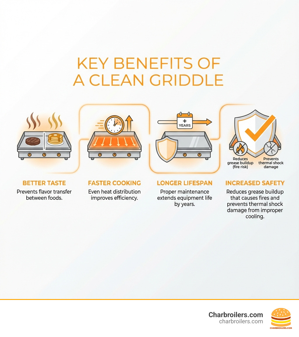 Infographic showing four key benefits of a clean griddle: Better Taste (prevents flavor transfer between foods), Faster Cooking (even heat distribution improves efficiency), Longer Lifespan (proper maintenance extends equipment life by years), and Increased Safety (reduces grease buildup that causes fires and prevents thermal shock damage from improper cooling) - how to clean and season a commercial griddle infographic 