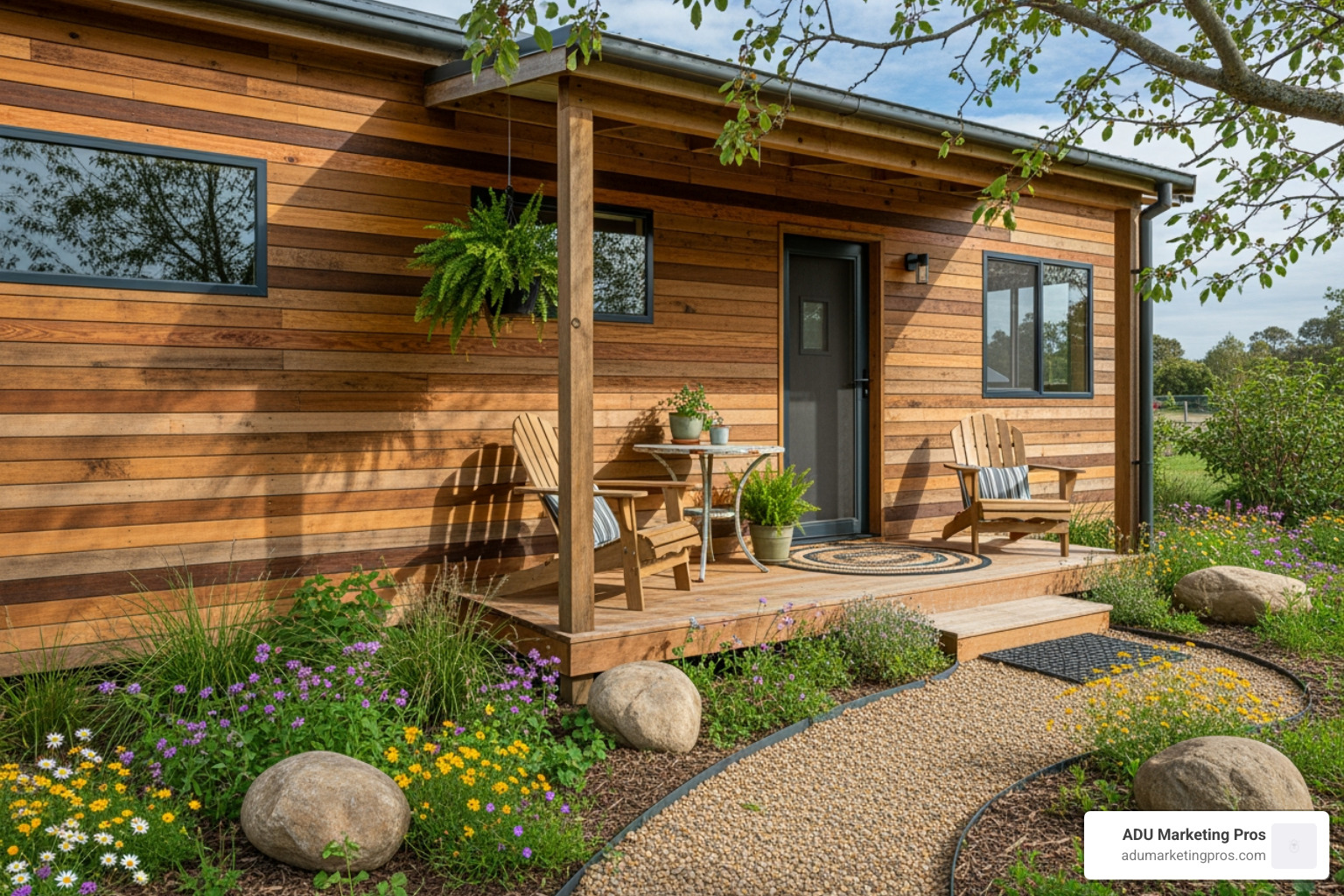 Rustic-style 2-bedroom granny flat with wood cladding, a cozy front porch, and natural landscaping - 2 bedroom granny flat
