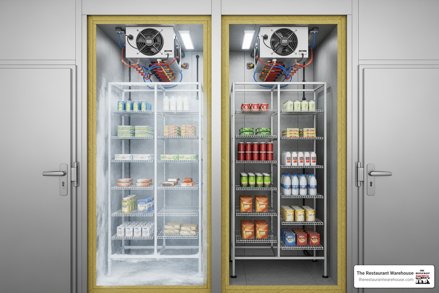 cutaway view of a commercial walk-in refrigerator freezer combo showing thick insulated panels and interior shelving - commercial walk in refrigerator freezer combo cutaway view of a commercial walk-in refrigerator freezer combo showing thick insulated panels and interior shelving - commercial walk in refrigerator freezer combo