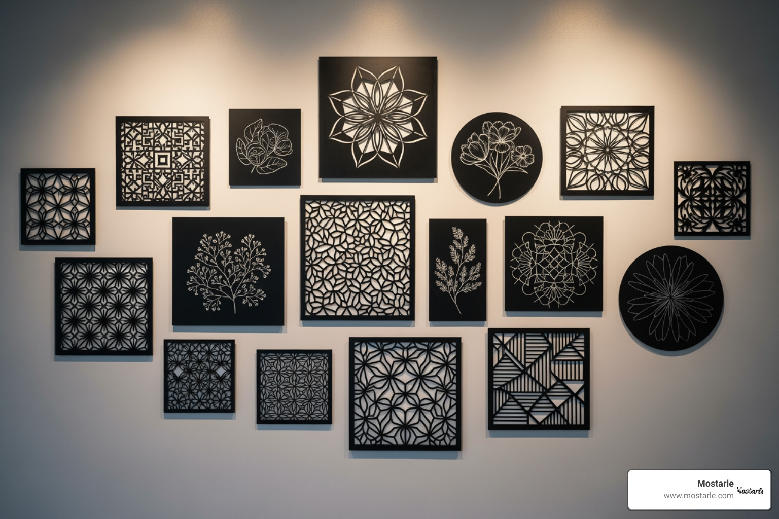 image of a gallery wall showcasing different styles like geometric, floral, and minimalist line art - black metal wall art