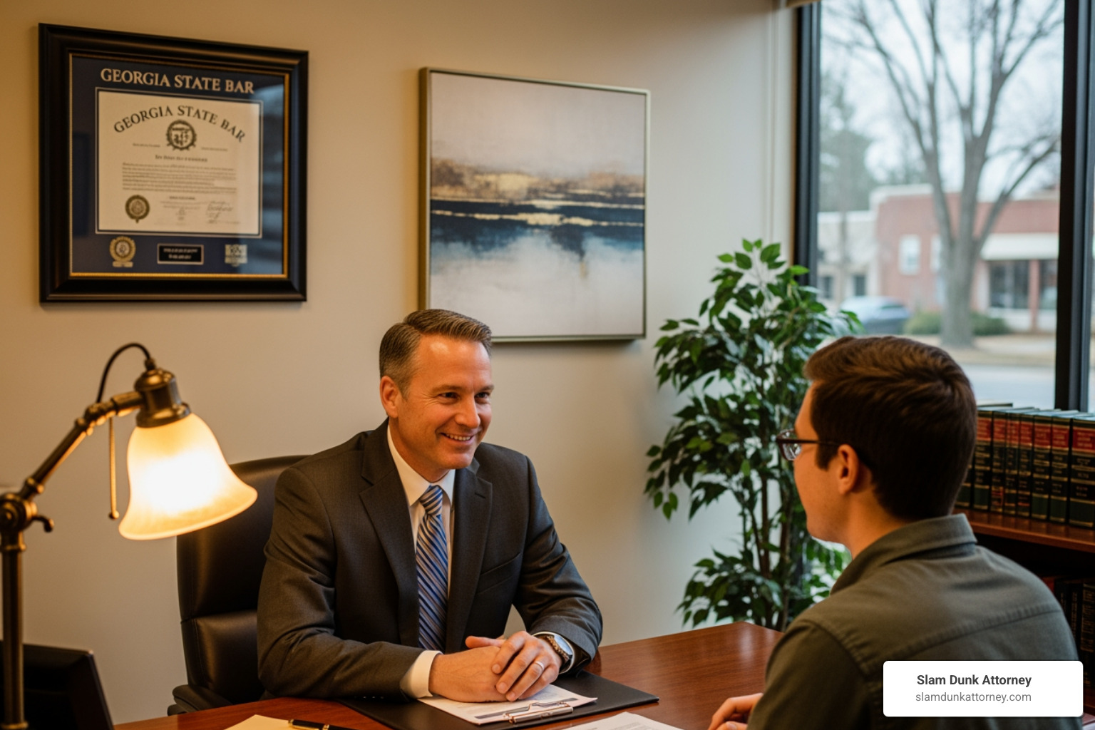 Image of a friendly lawyer talking to a client in a comfortable office setting in Duluth, Georgia, with a framed Georgia state bar certificate on the wall - pain and suffering claims